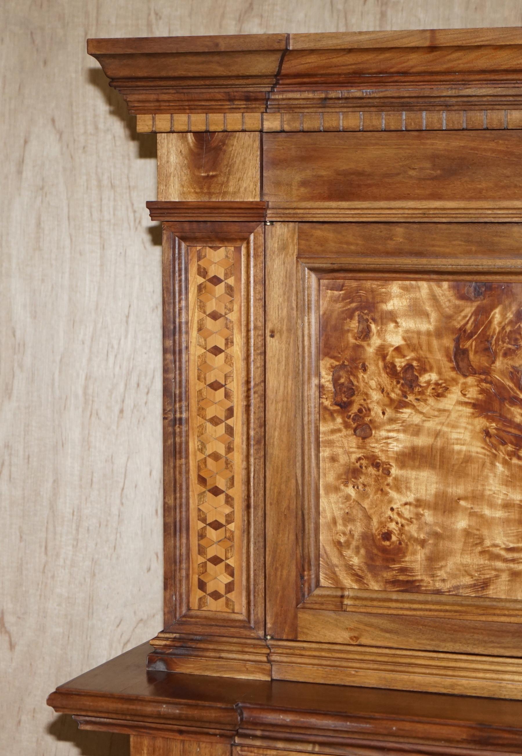 Hand-Crafted Italian Burr Pippy Oak Panelled Large Geometric Marquetry Housekeepers Cupboard For Sale