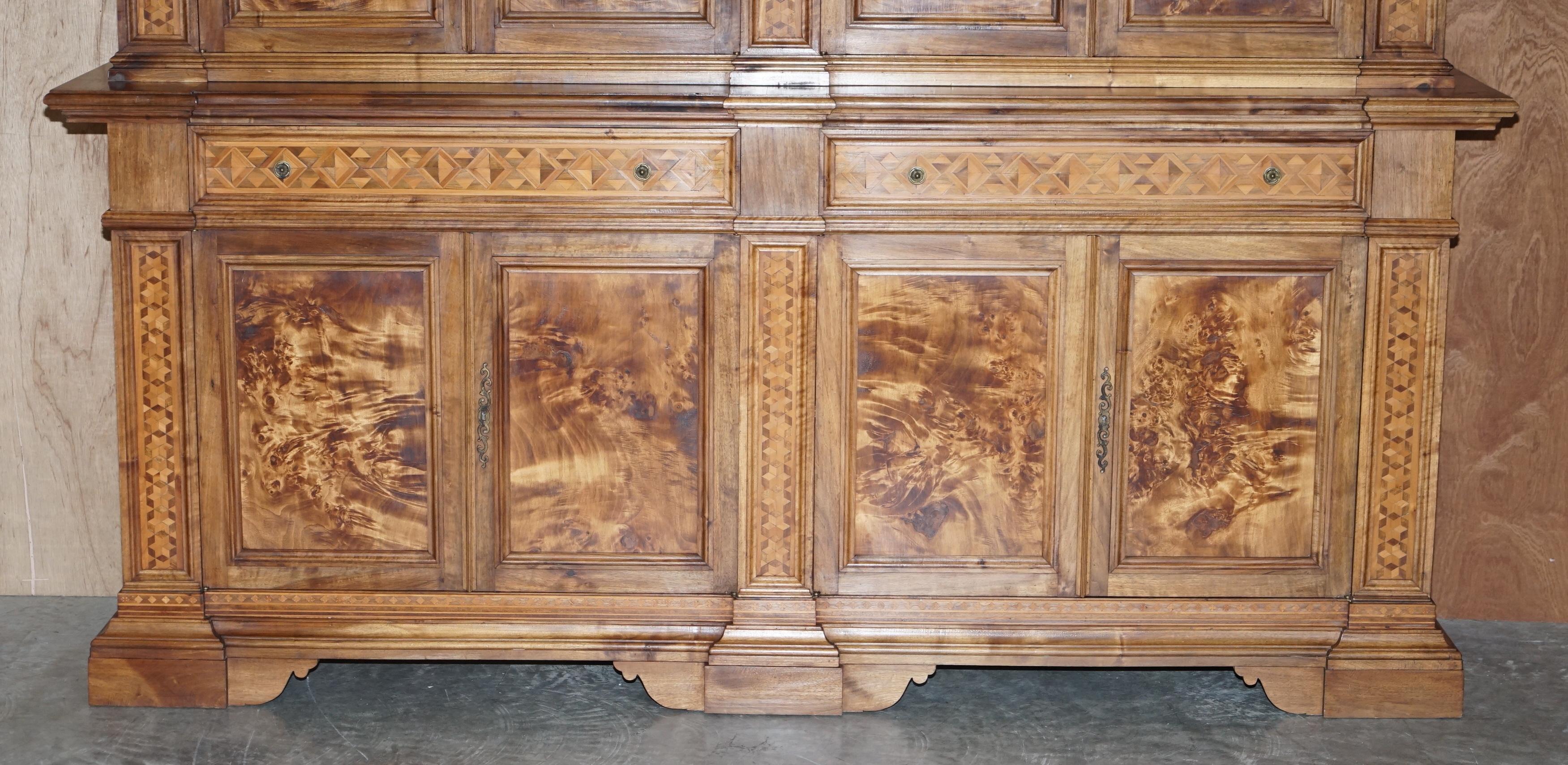 Italian Burr Pippy Oak Panelled Large Geometric Marquetry Housekeepers Cupboard For Sale 2