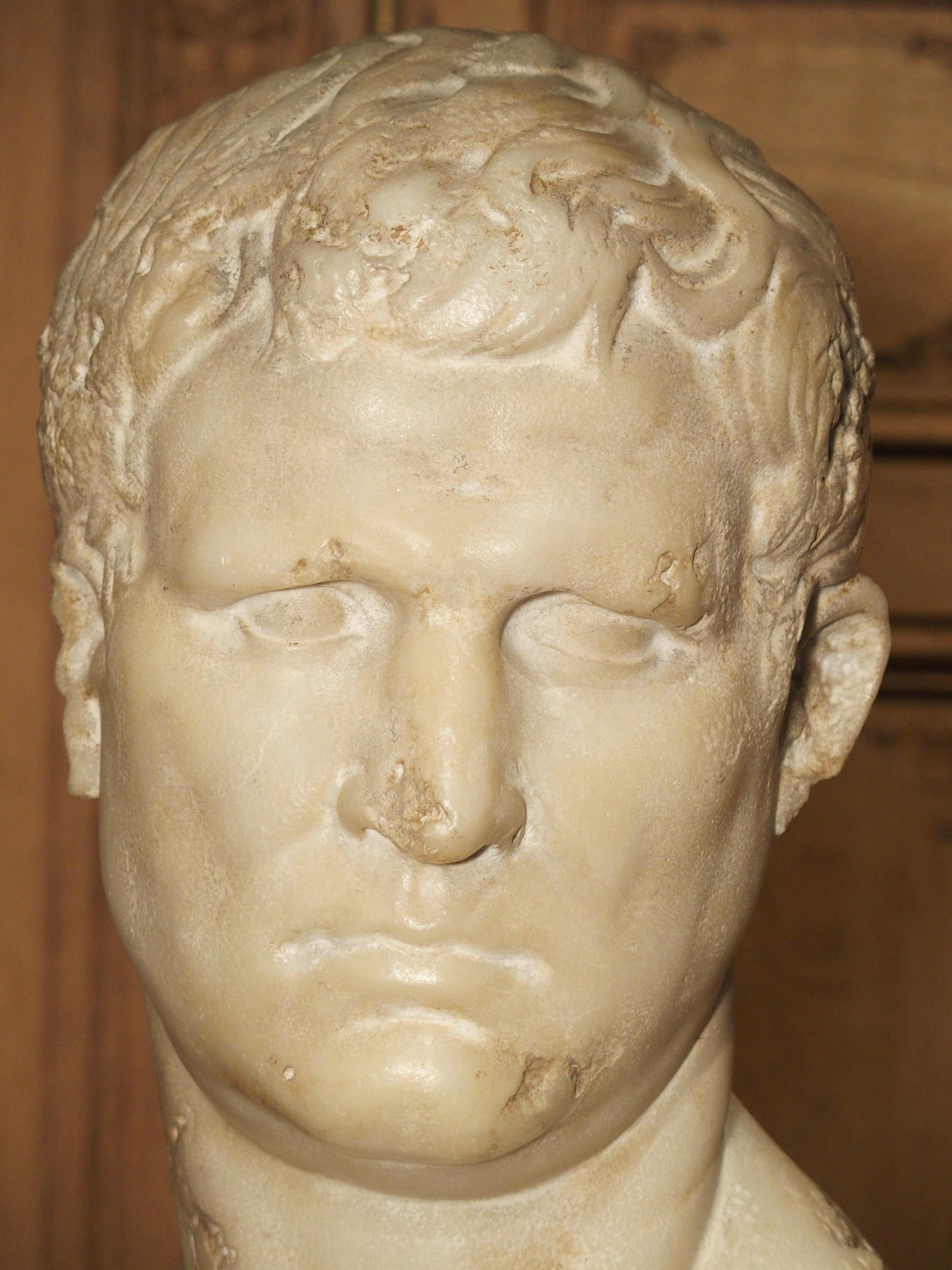 This is a bust of the great statesman, general, and Roman consul, Marcus Vipsanius Agrippa (64 BC-12 BC). It is based off the marble bust discovered in the villa of Prince Camille Borghese in 1792, now residing in the Le Louvre Museum, Paris. The