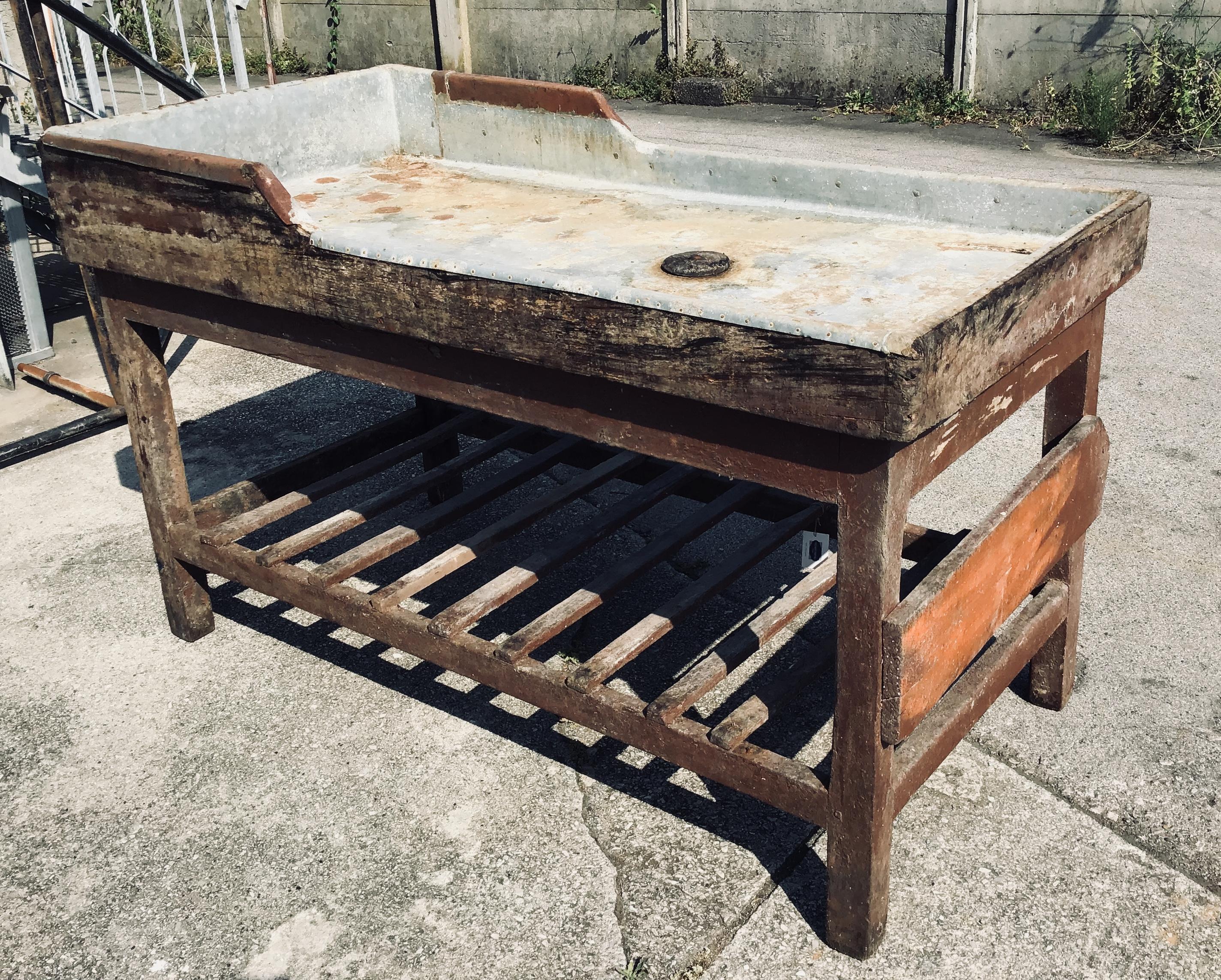 Brutalist Italian Butcher Counter with Zinc Top and Wood Base from 1950s For Sale