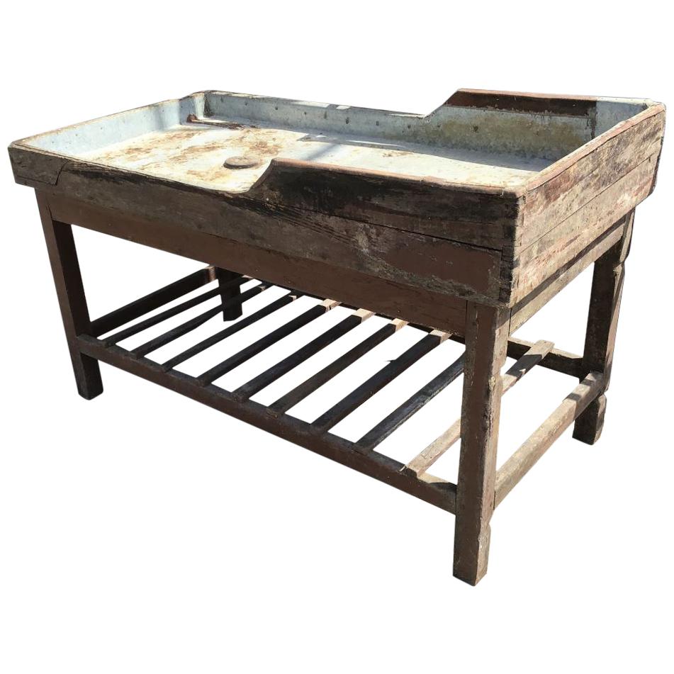 Italian Butcher Counter with Zinc Top and Wood Base from 1950s For Sale