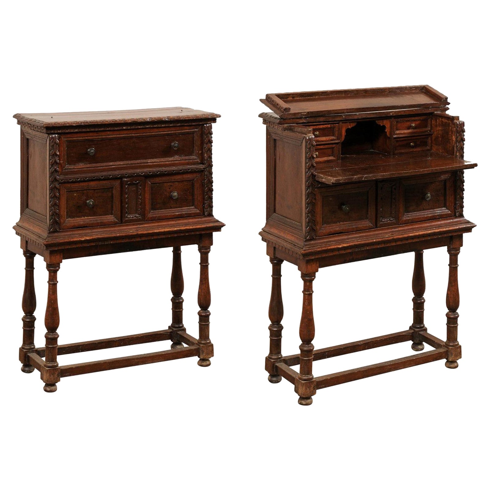 Italian Butler's Desk Raised on Nicely Turned Legs & Base, 18th C For Sale