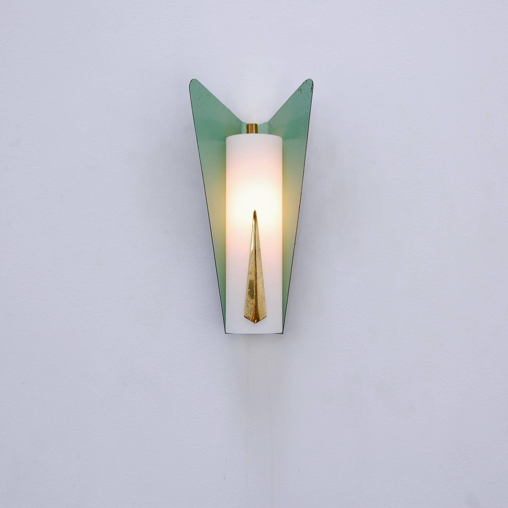 Pair of fantastic midcentury butterfly sconces from Italy, with original finish, green and black palate of painted steel or aluminum, brass and glass. Single E12 based socket per sconce. Maximum wattage 75 watts per sconce. Back plate has 2 ¾”