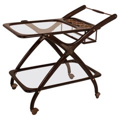 Italian Bar Cart by Cesare Lacca, Midcentury 1950s, Wood, Glass and Brass