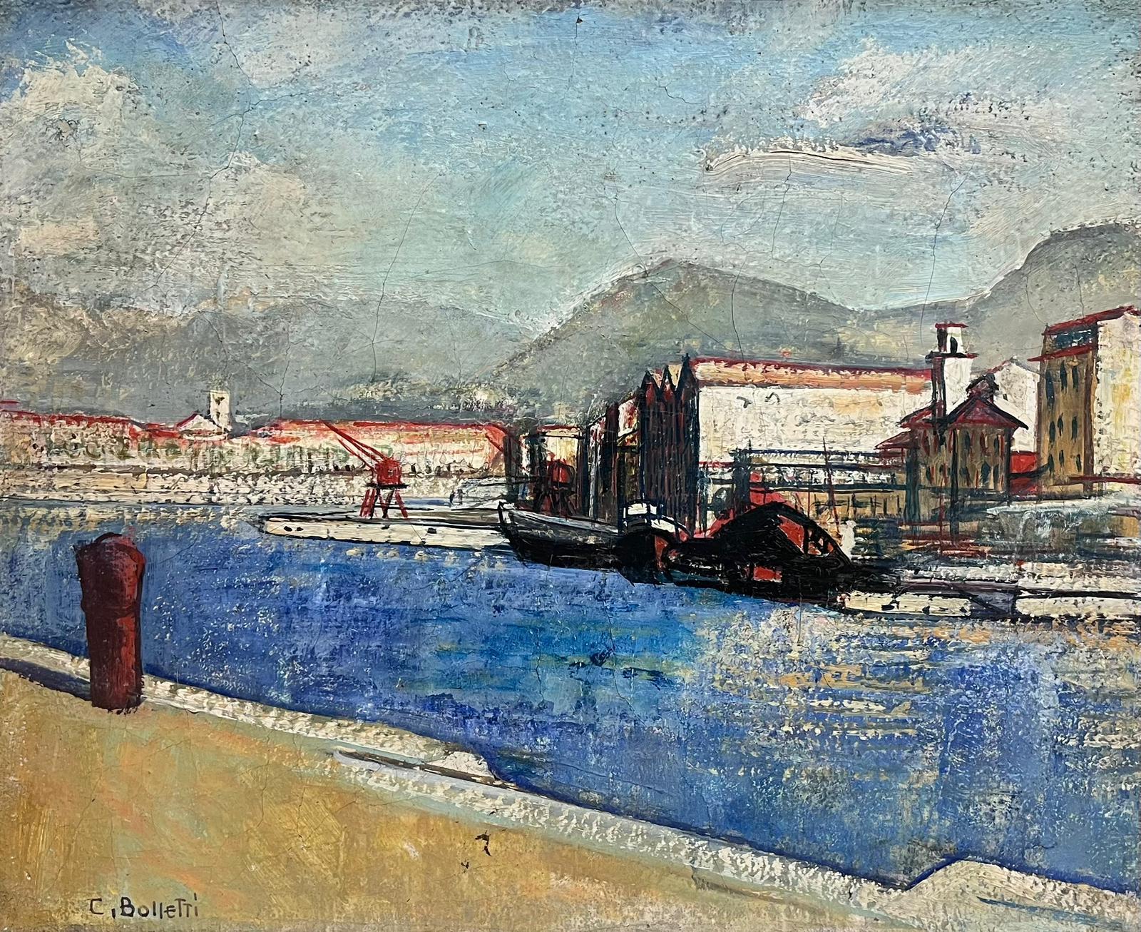 Óleo italiano postimpresionista de principios de 1900 firmado Construcción portuaria Riviera - Painting de Italian c. 1900's