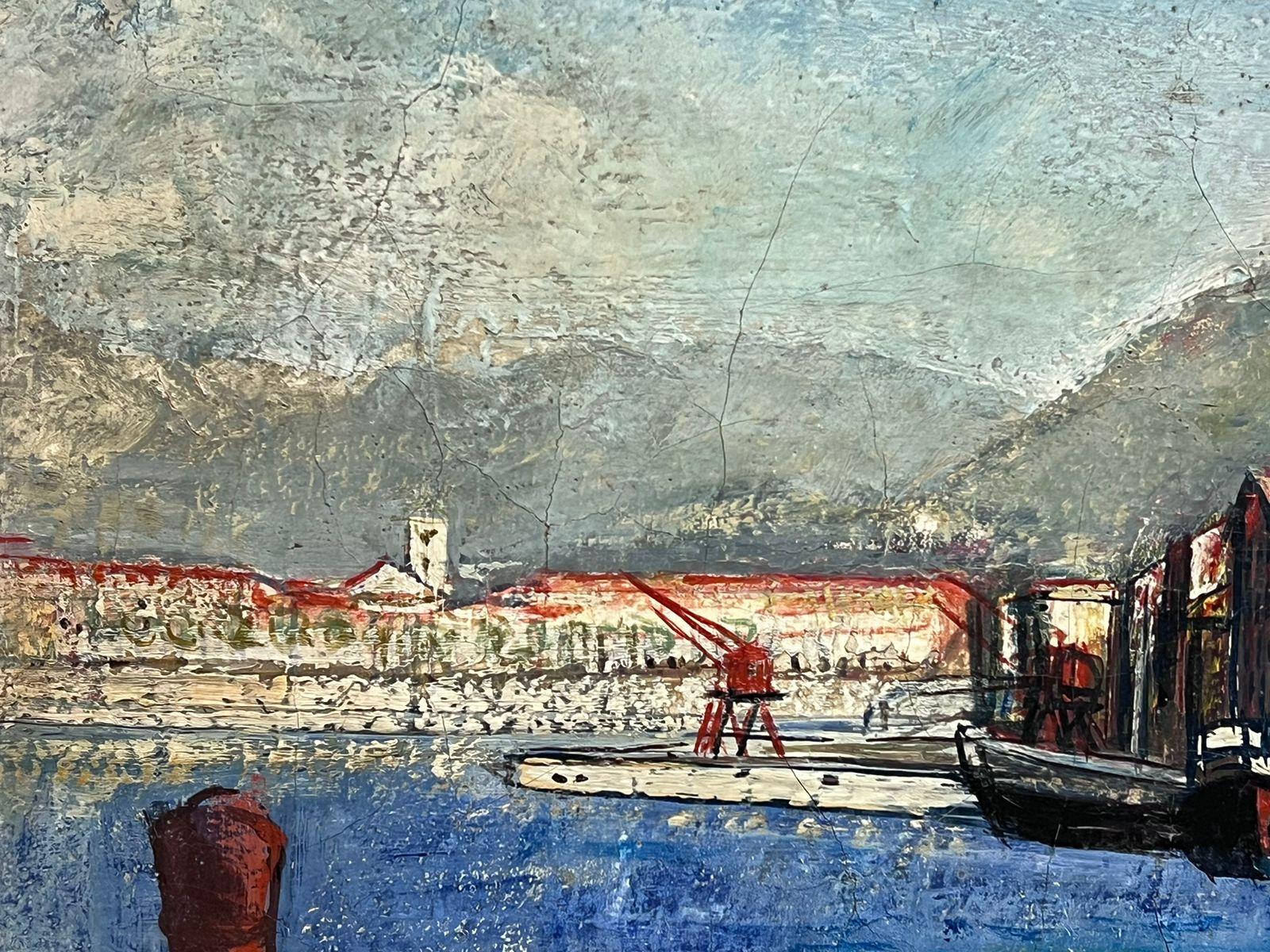 Óleo italiano postimpresionista de principios de 1900 firmado Construcción portuaria Riviera - Painting Moderno de Italian c. 1900's