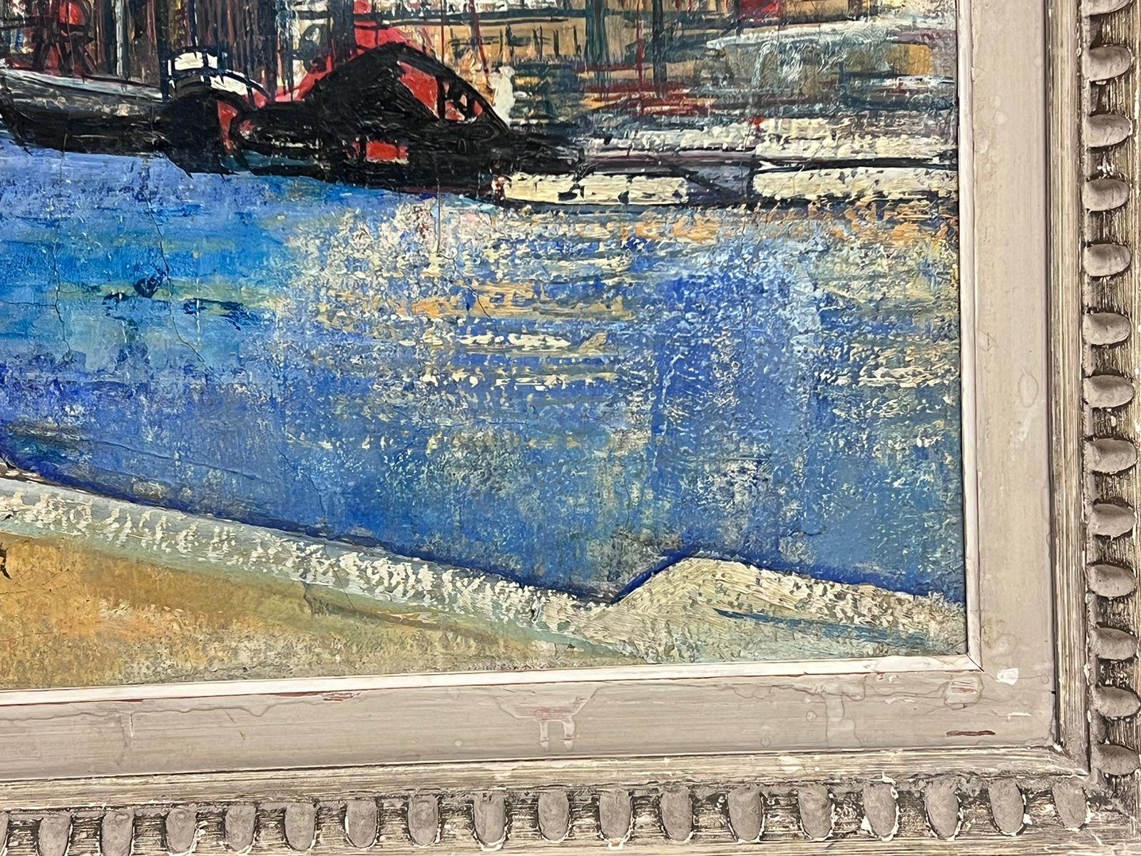 Óleo italiano postimpresionista de principios de 1900 firmado Construcción portuaria Riviera 1