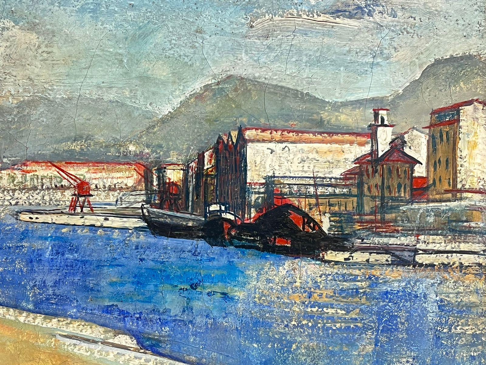 Óleo italiano postimpresionista de principios de 1900 firmado Construcción portuaria Riviera 2