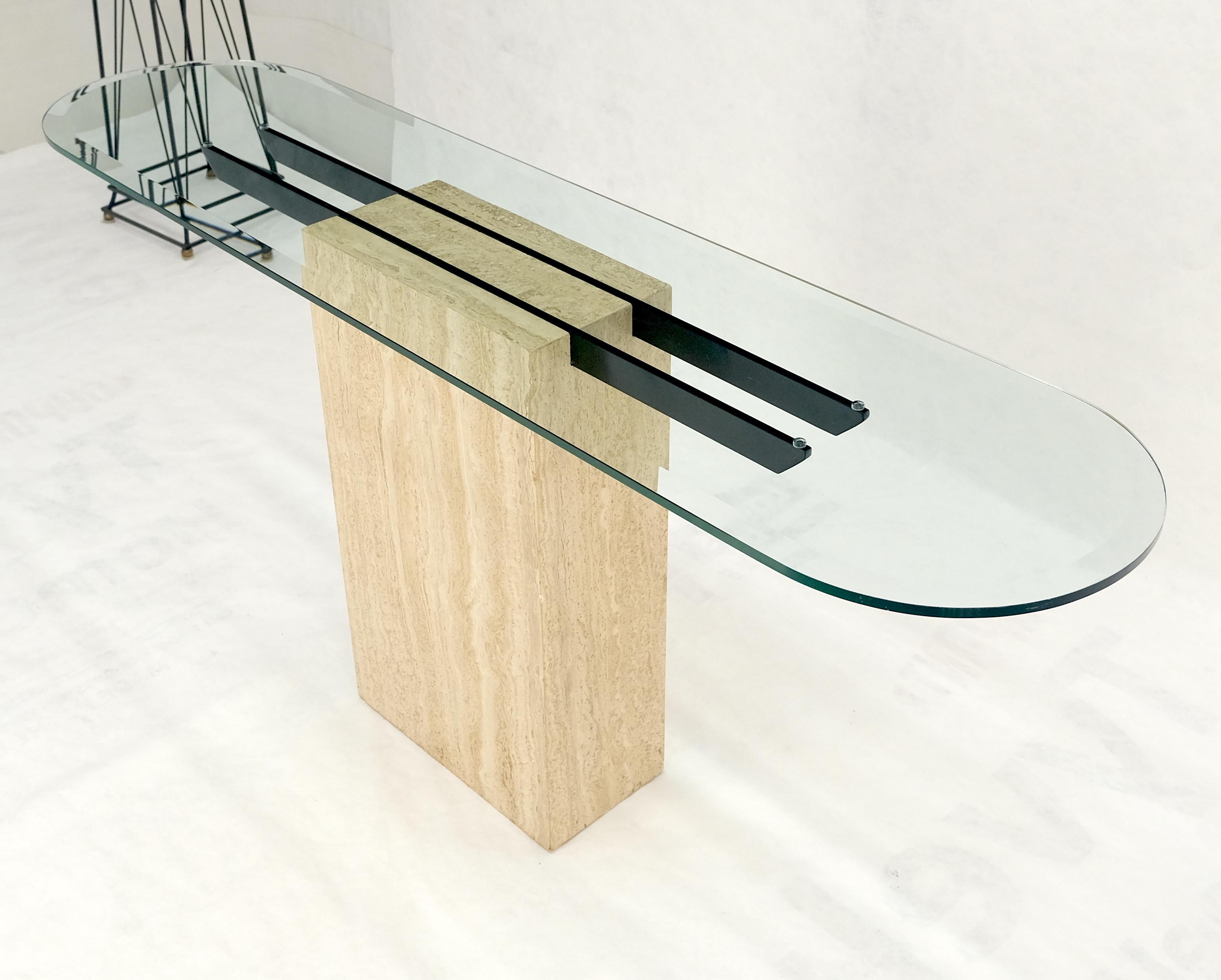 Italian c1970s Mid Century Modern Glass Top Single Travertine Base Console Table For Sale 5