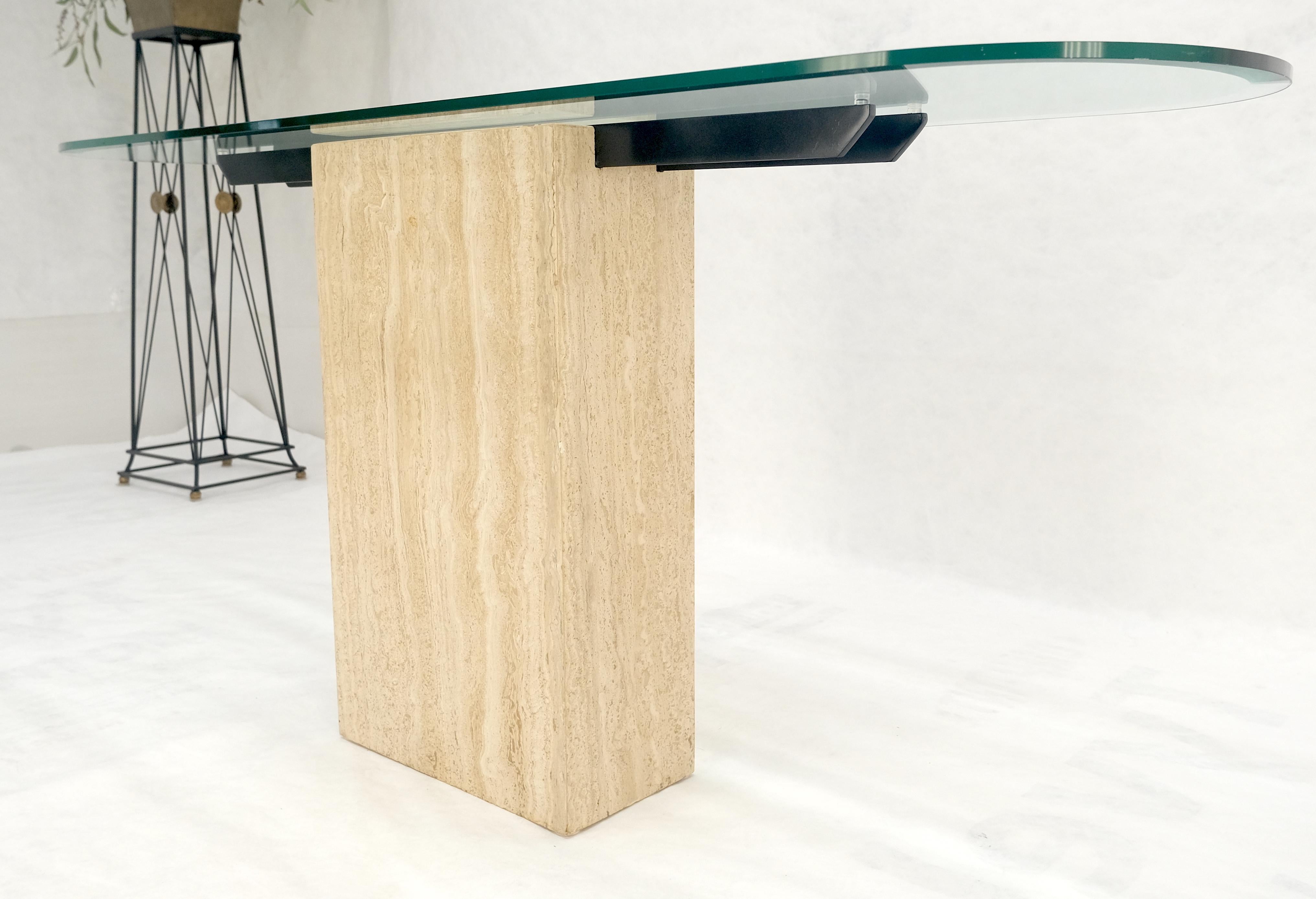 Italian c1970s Mid Century Modern Glass Top Single Travertine Base Console Table For Sale 6