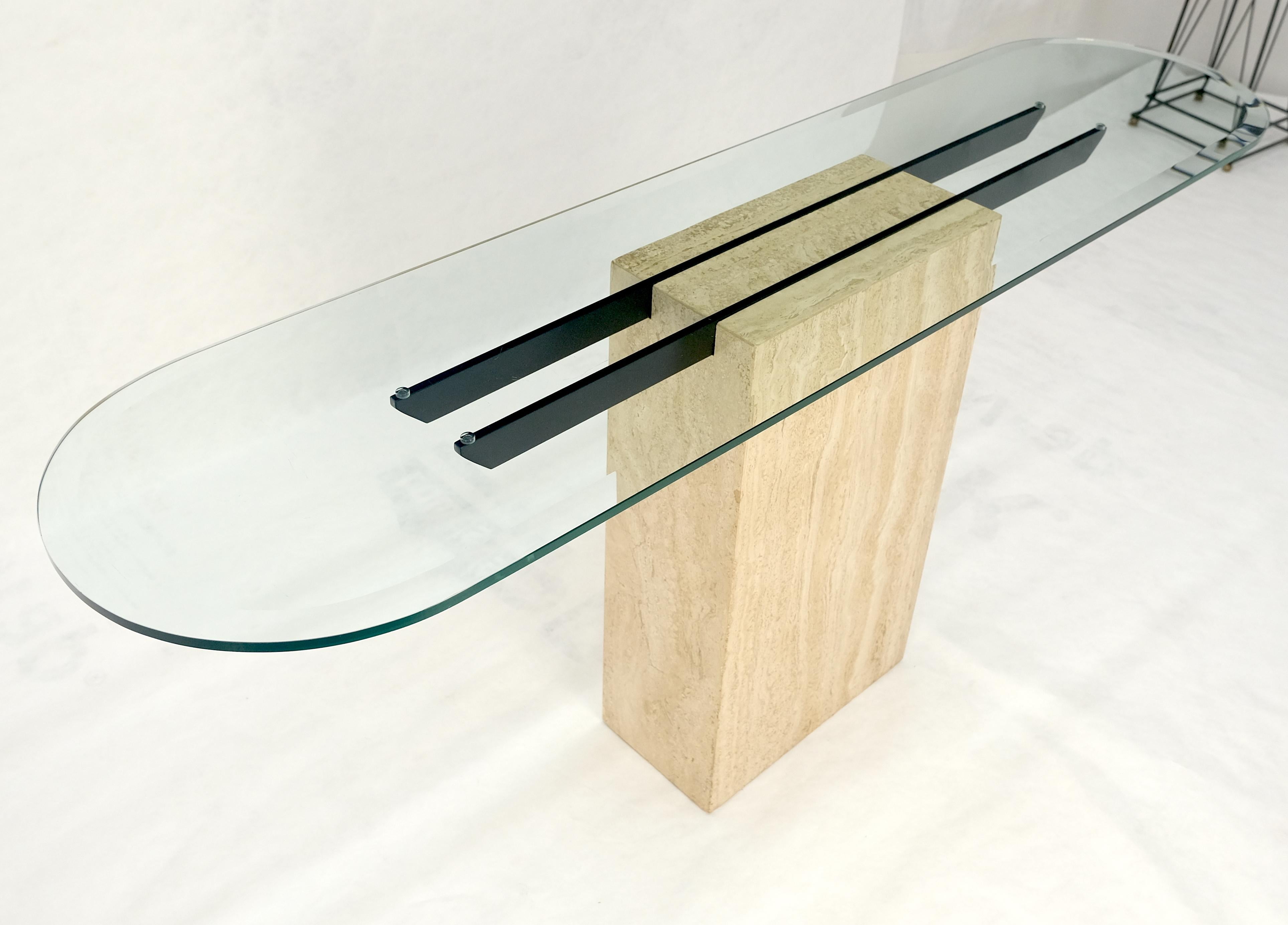 Italian c1970s Mid Century Modern Glass Top Single Travertine Base Console Table For Sale 7