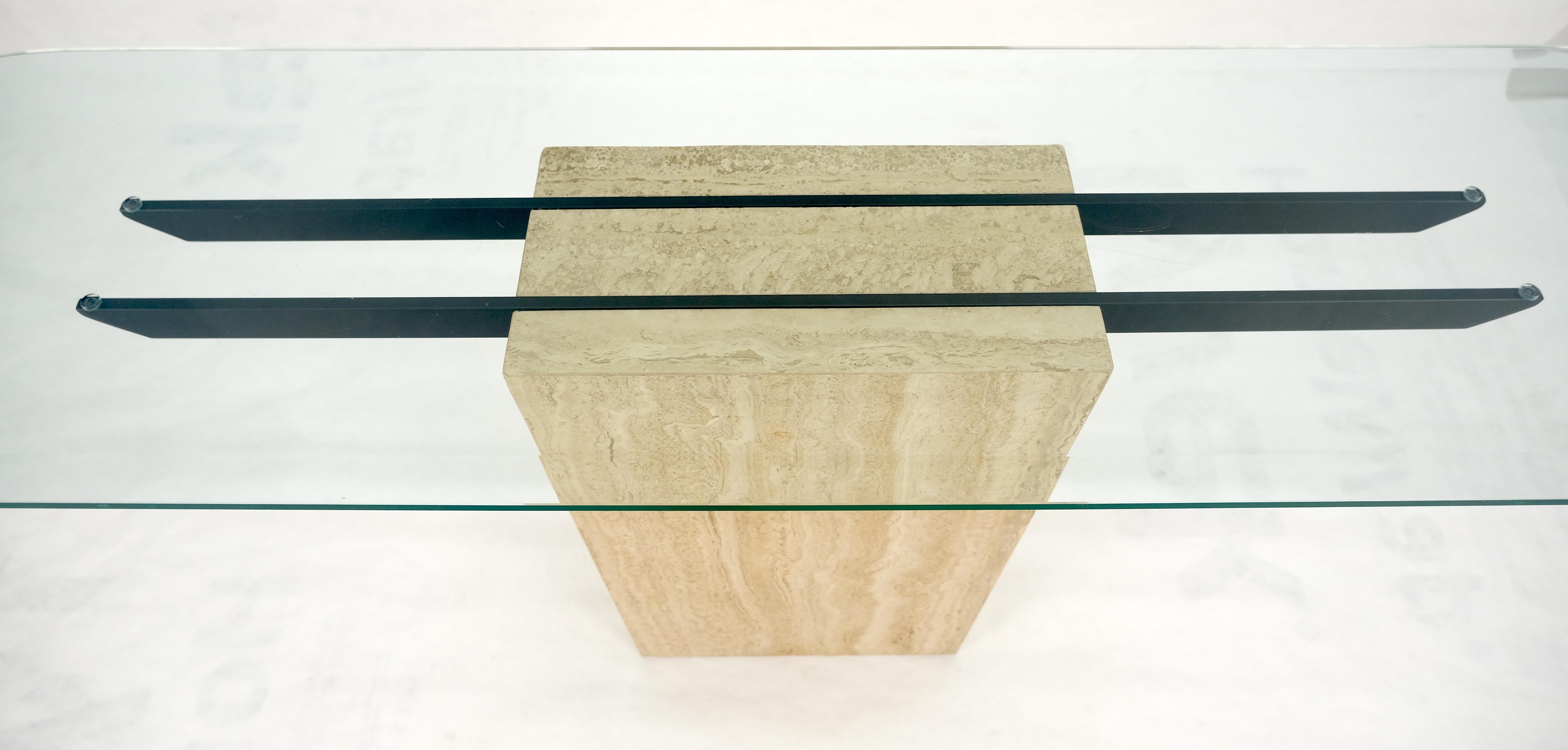 Italian c1970s Mid Century Modern Glass Top Single Travertine Base Console Table For Sale 9