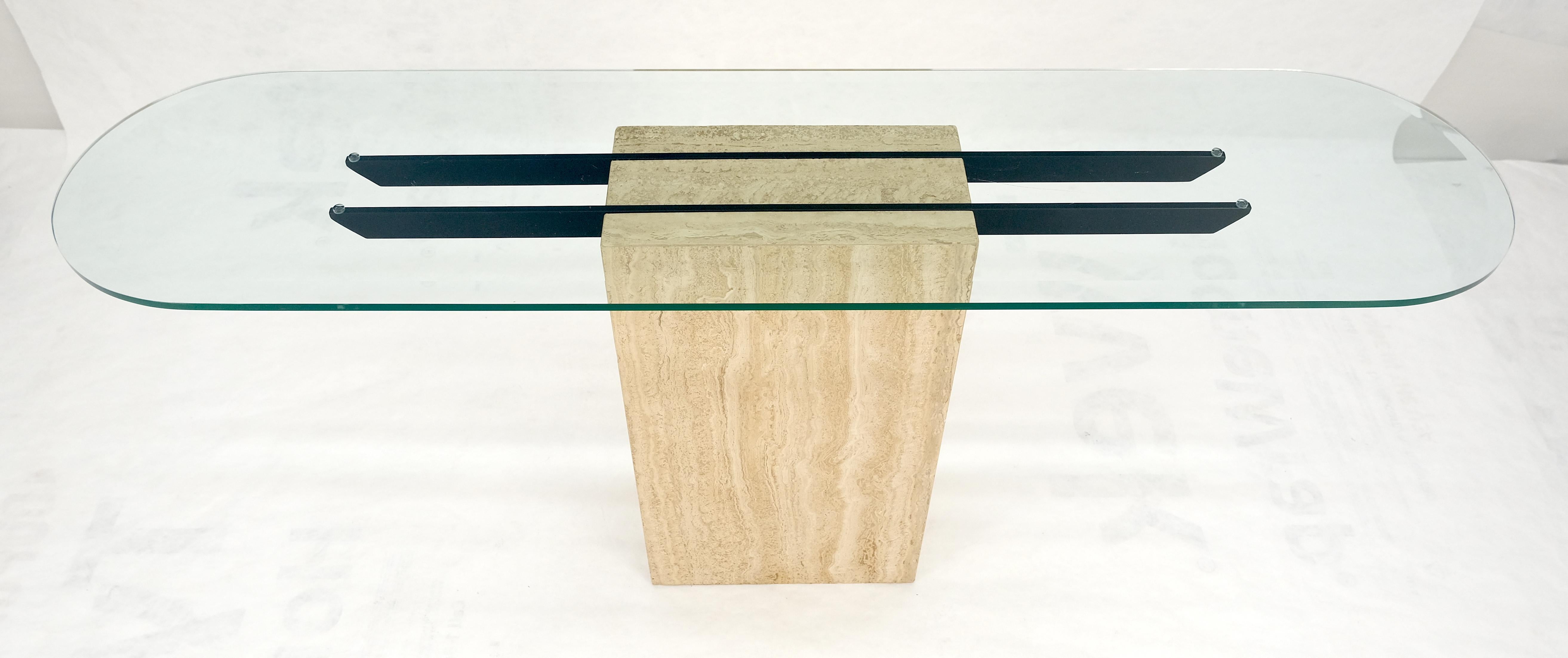 Mid-Century Modern Italian c1970s Mid Century Modern Glass Top Single Travertine Base Console Table For Sale