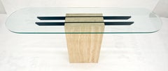 Italian c1970s Mid Century Modern Glass Top Single Travertine Base Console Table