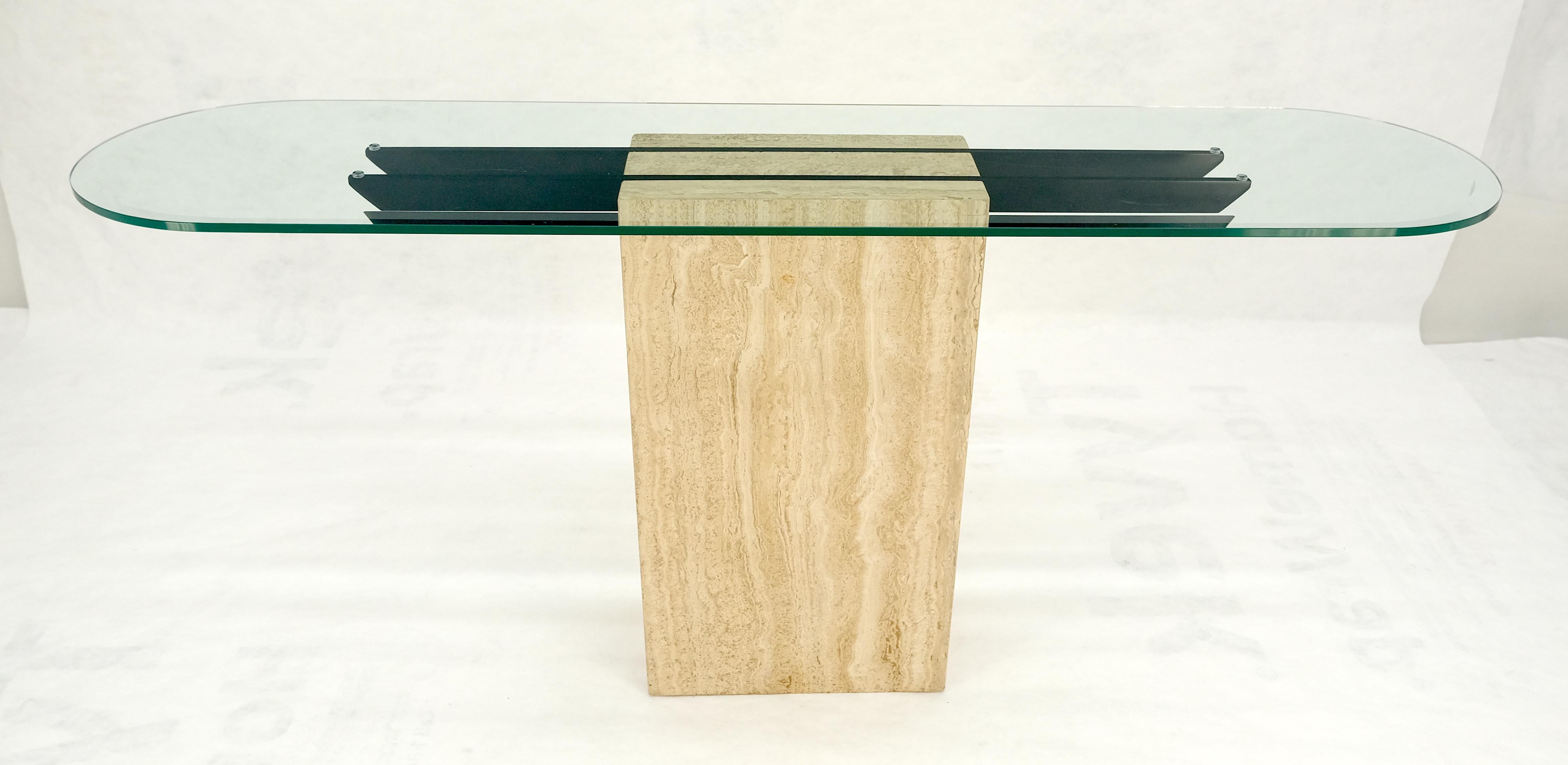 Polished Italian c1970s Mid Century Modern Glass Top Single Travertine Base Console Table For Sale