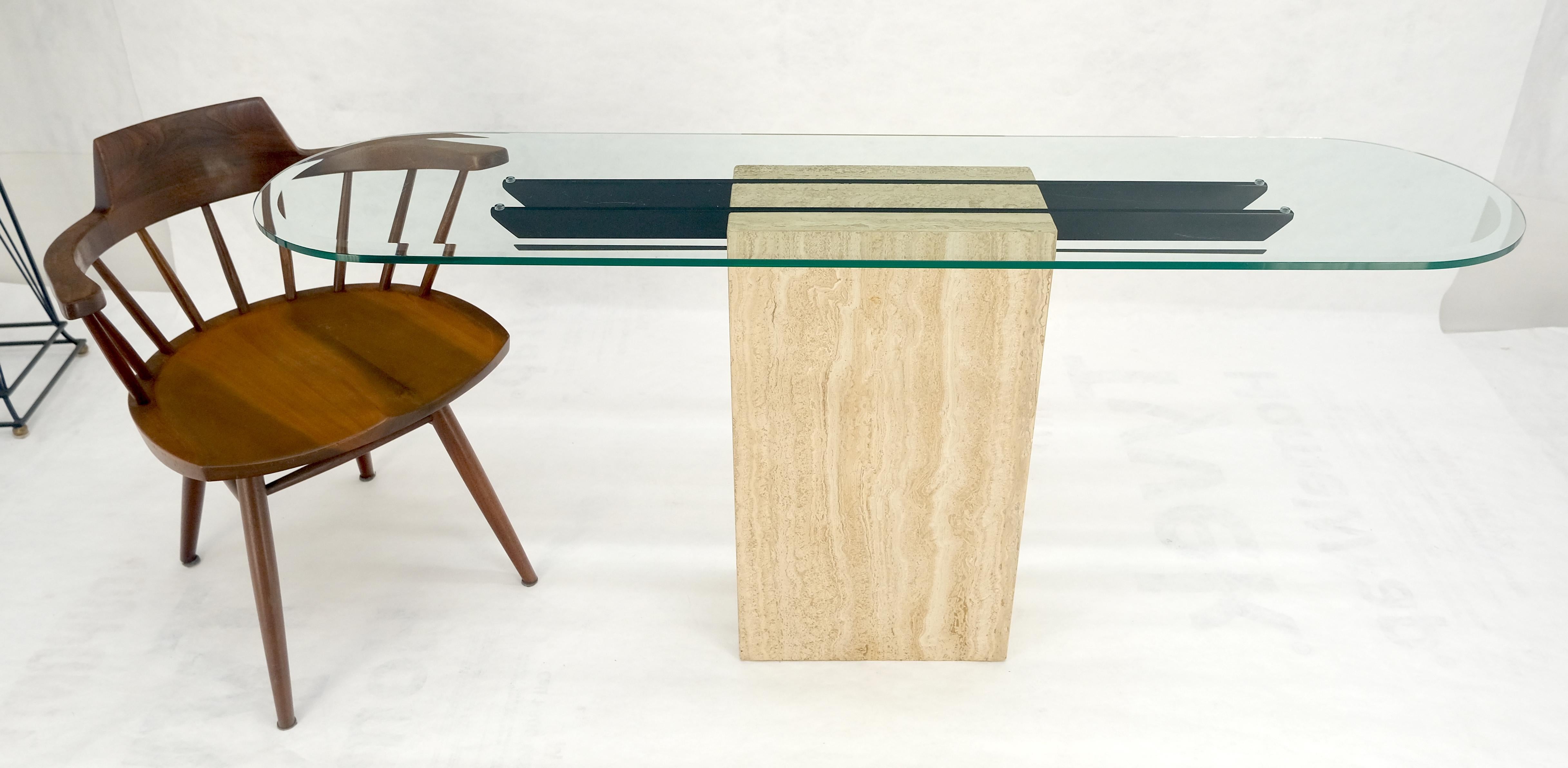 Italian c1970s Mid Century Modern Glass Top Single Travertine Base Console Table In Good Condition For Sale In Rockaway, NJ