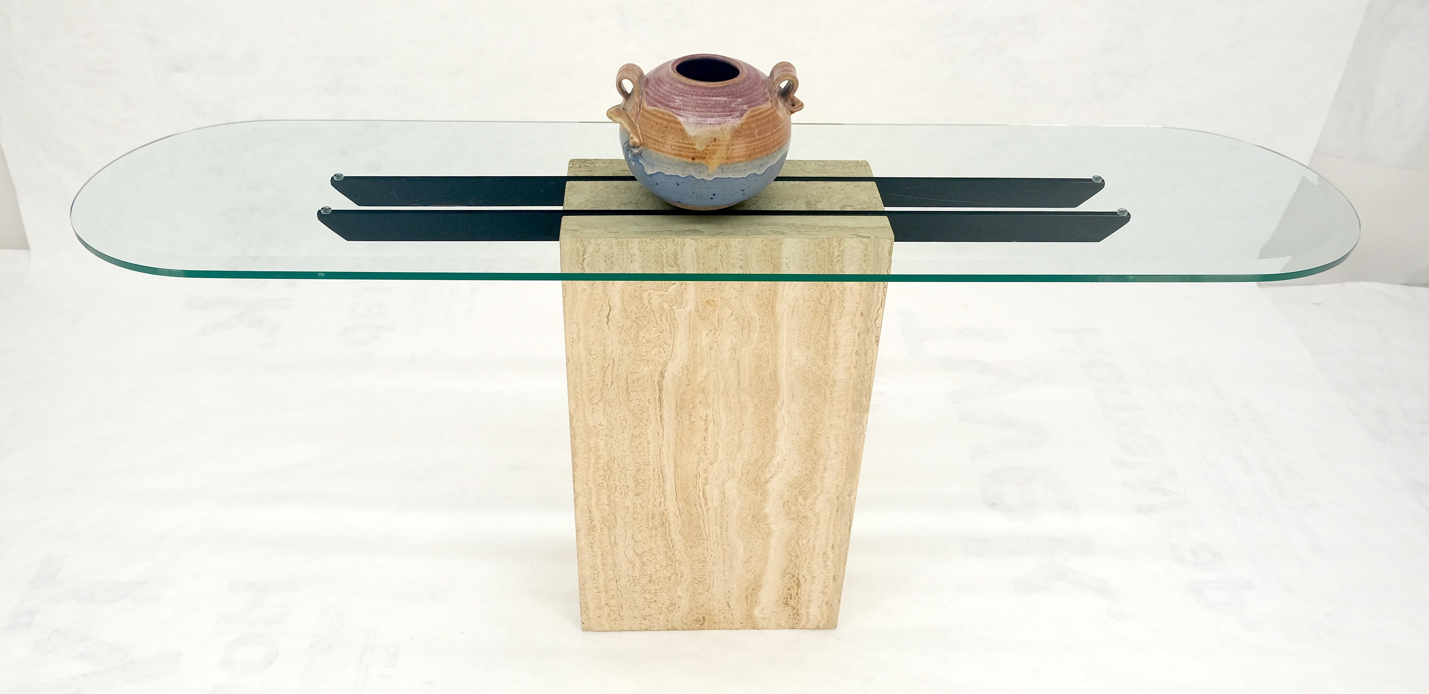 20th Century Italian c1970s Mid Century Modern Glass Top Single Travertine Base Console Table For Sale