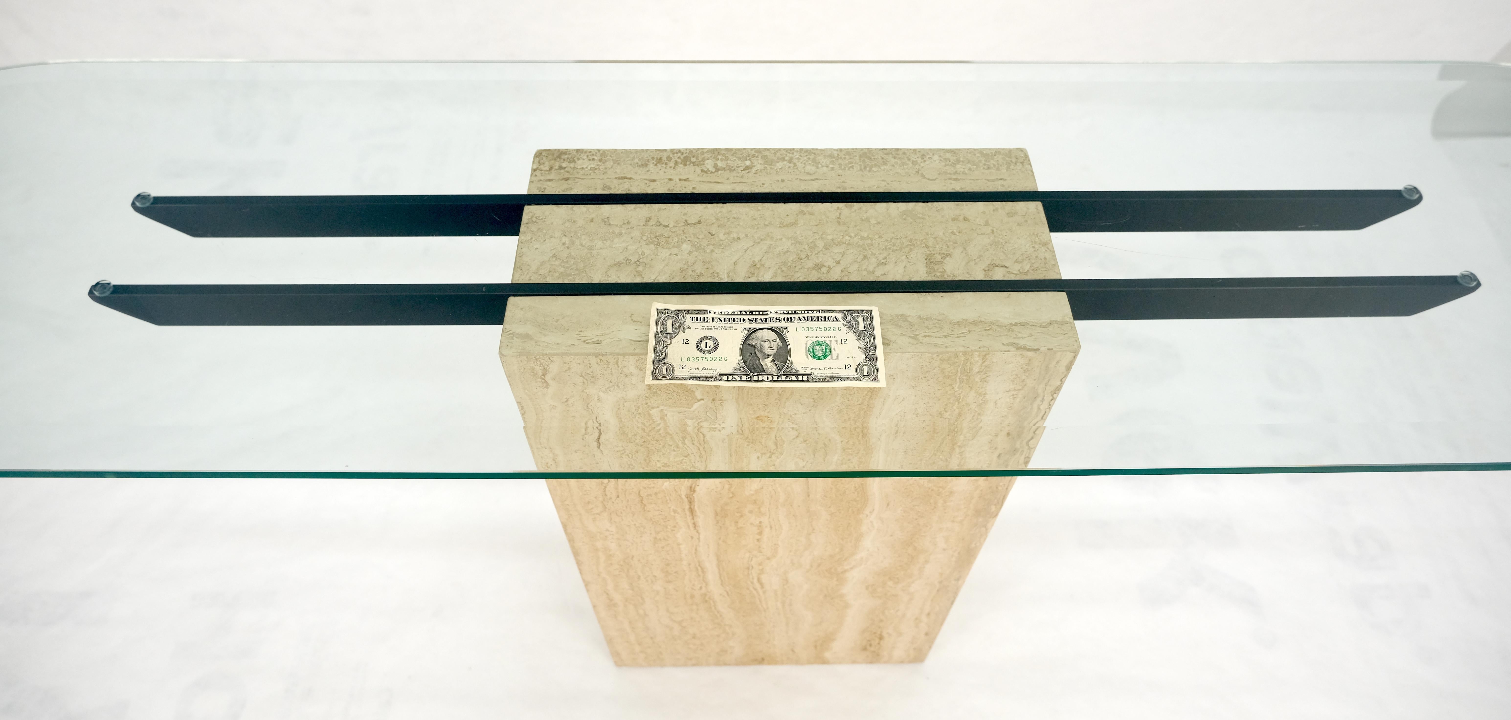 Italian c1970s Mid Century Modern Glass Top Single Travertine Base Console Table For Sale 1