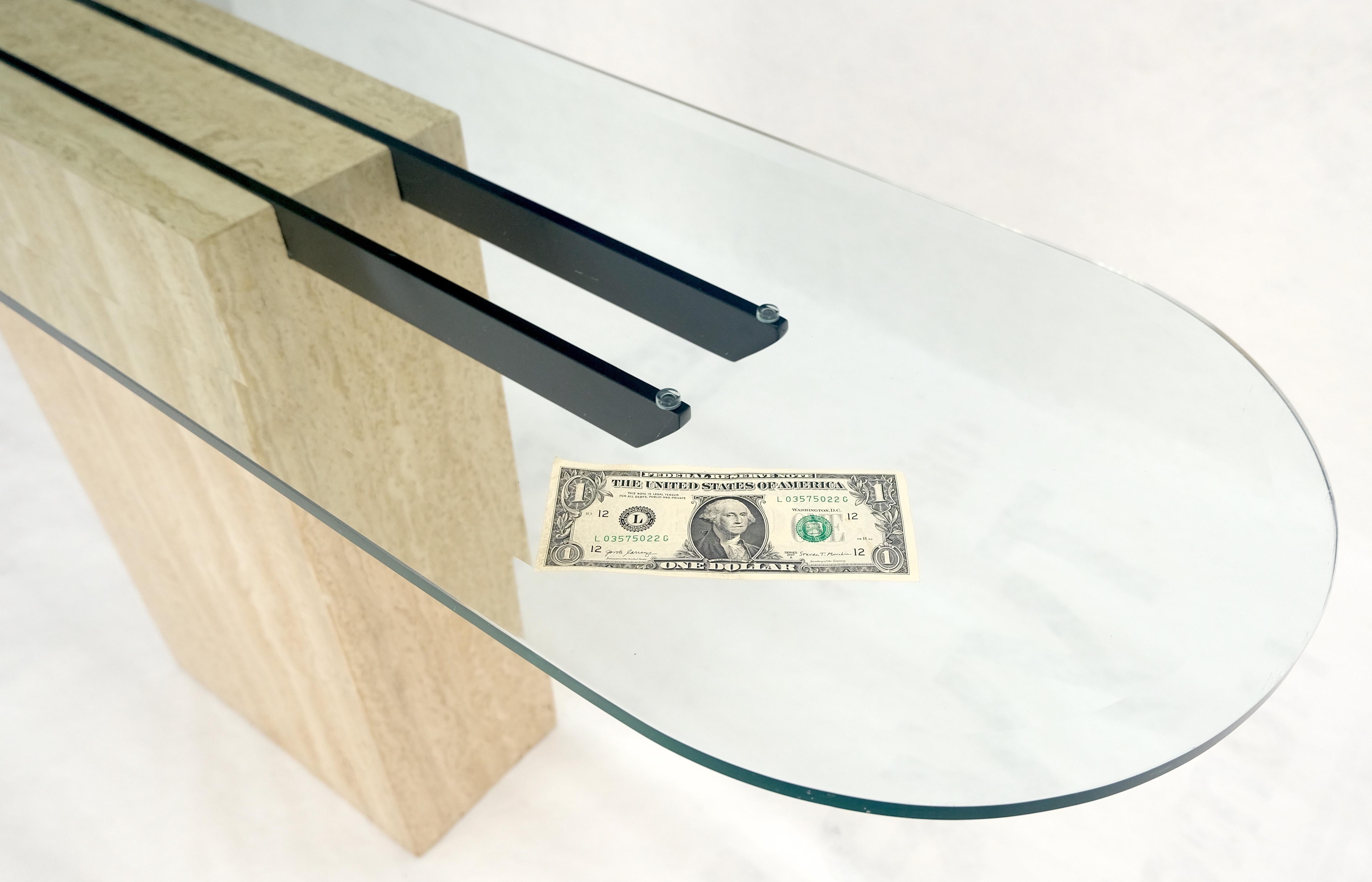 Italian c1970s Mid Century Modern Glass Top Single Travertine Base Console Table For Sale 2