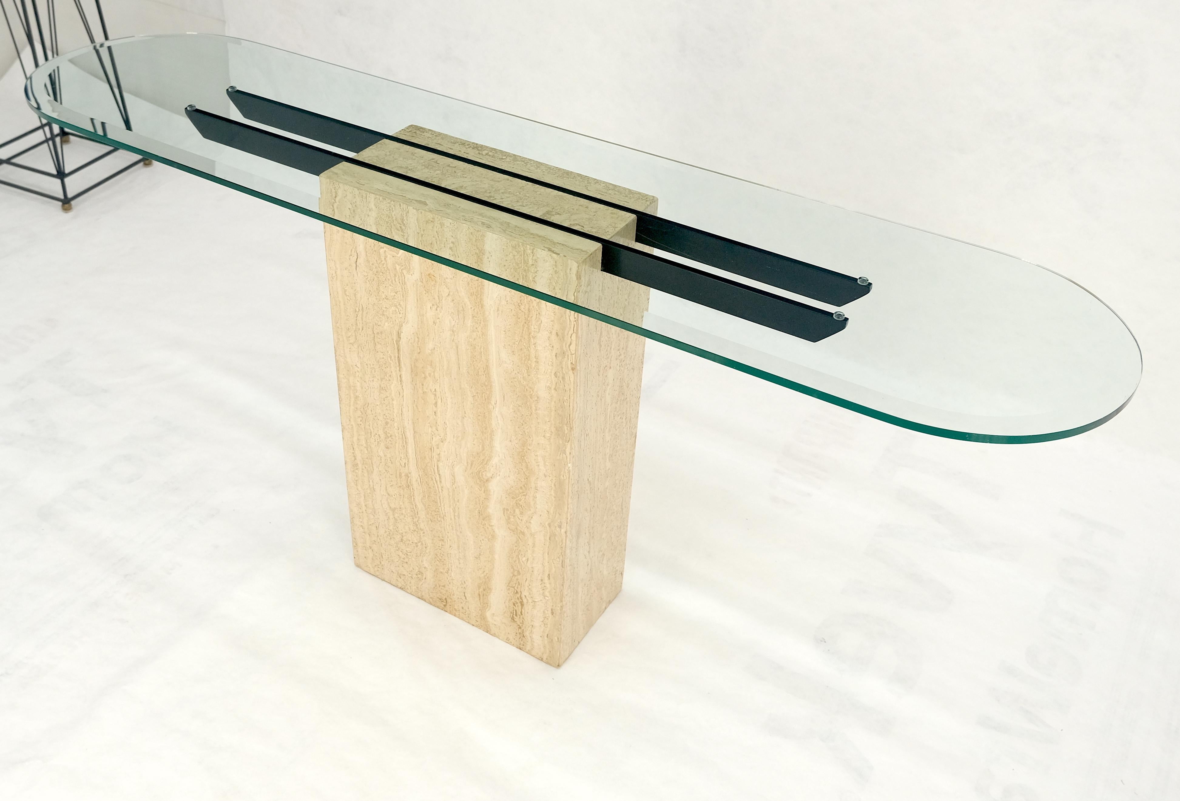 Italian c1970s Mid Century Modern Glass Top Single Travertine Base Console Table For Sale 3