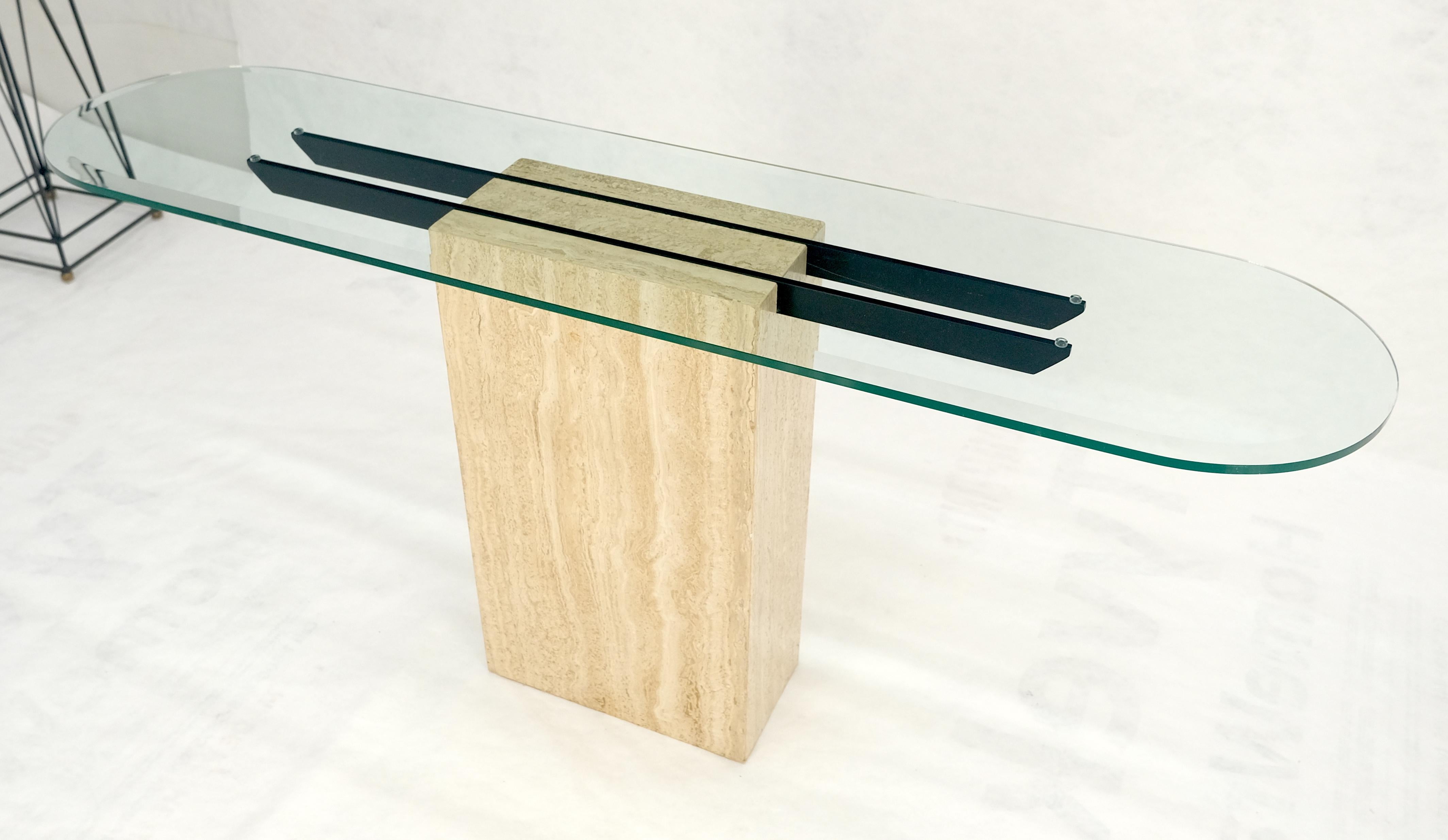 Italian c1970s Mid Century Modern Glass Top Single Travertine Base Console Table For Sale 4