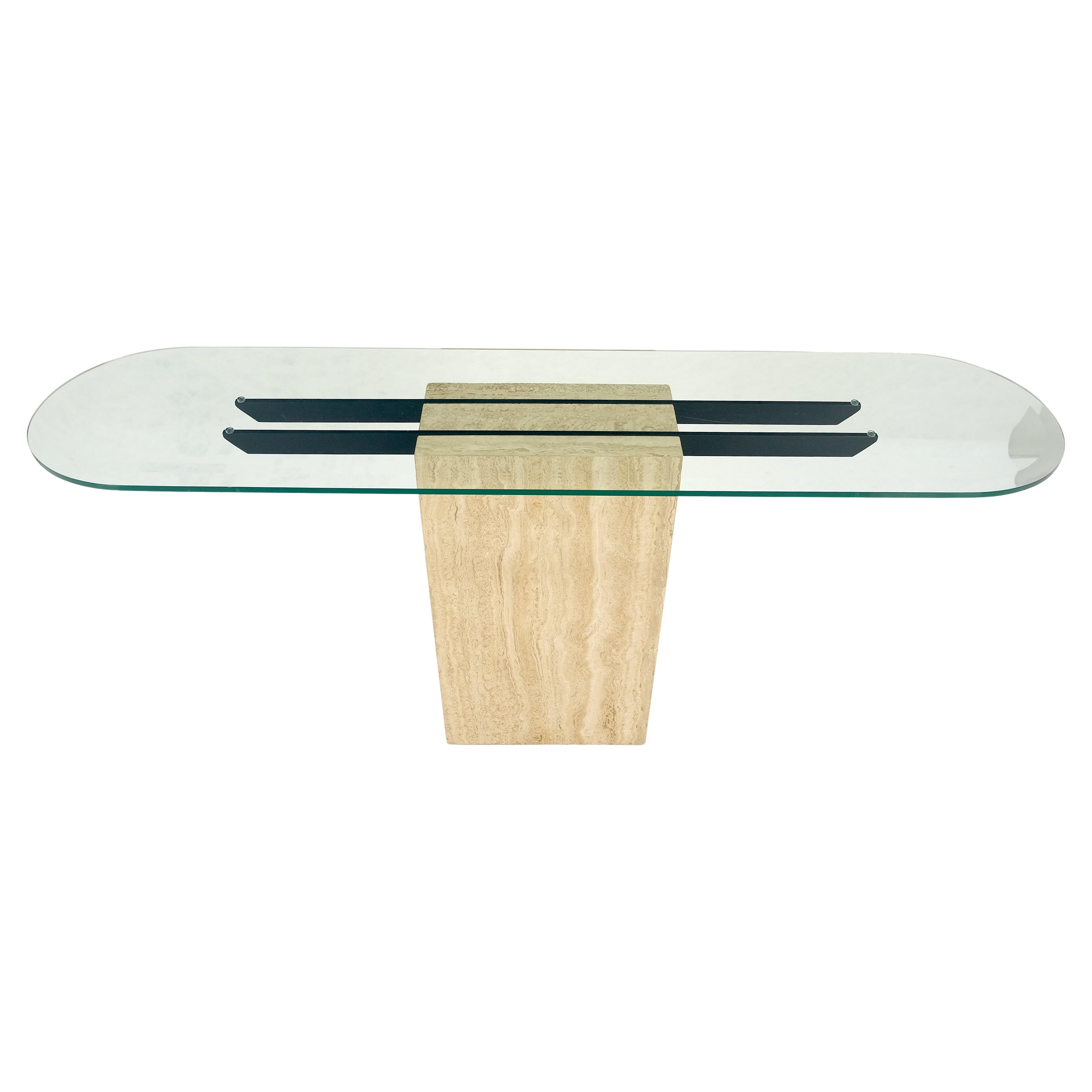 Italian c1970s Mid Century Modern Glass Top Single Travertine Base Console Table For Sale