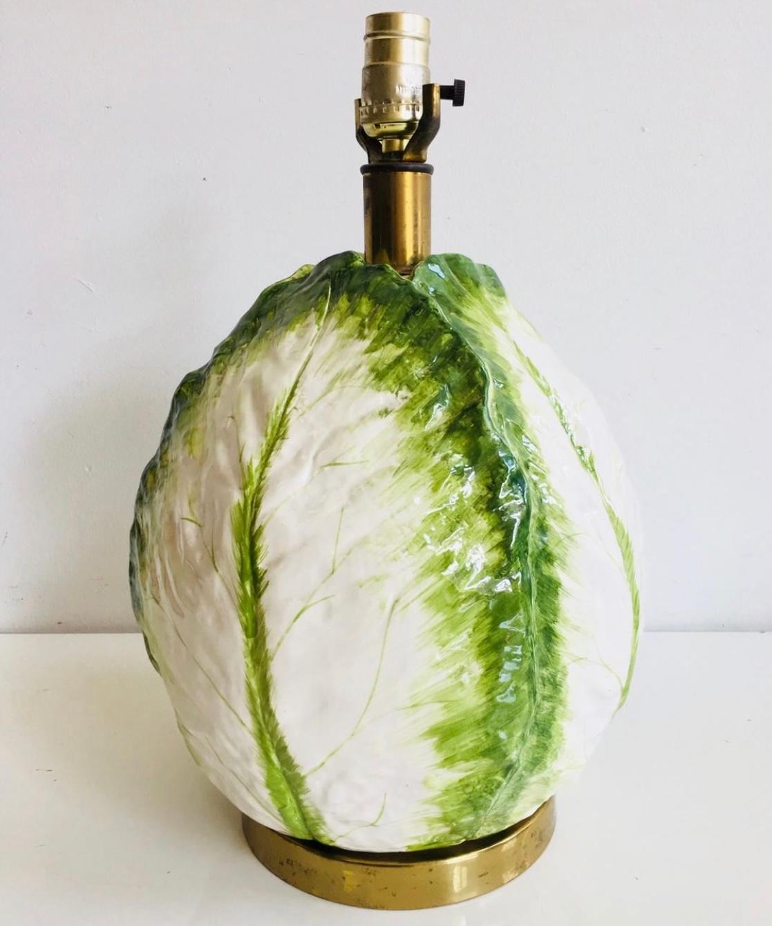 Wonderful ceramic hand painted cabbage leaf style table lamp with a brass base and fittings, most likely 1950s Italian. Light age wear to brass hardware. Original wiring in working condition.