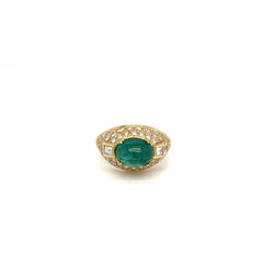 Italian Cabochon Emerald and Diamond Ring in 18K Yellow Gold