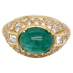 Italian Cabochon Emerald and Diamond Ring in 18K Yellow Gold