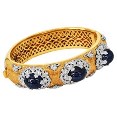 Italian Cabochon Sapphire Diamond 18K Gold Bangle Bracelet