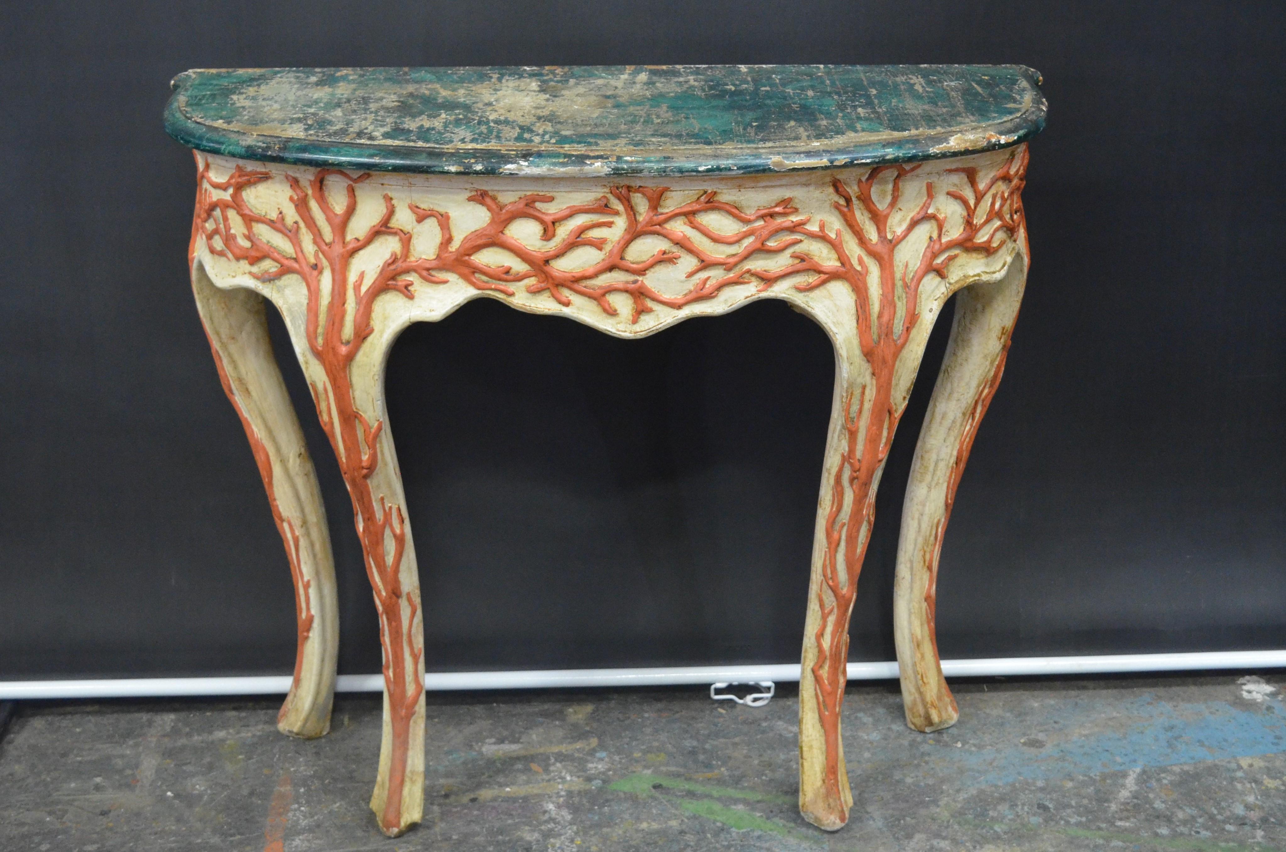 Italian Cabriole Leg Console with Carved Faux Coral Motifs & Faux Marble Top 3