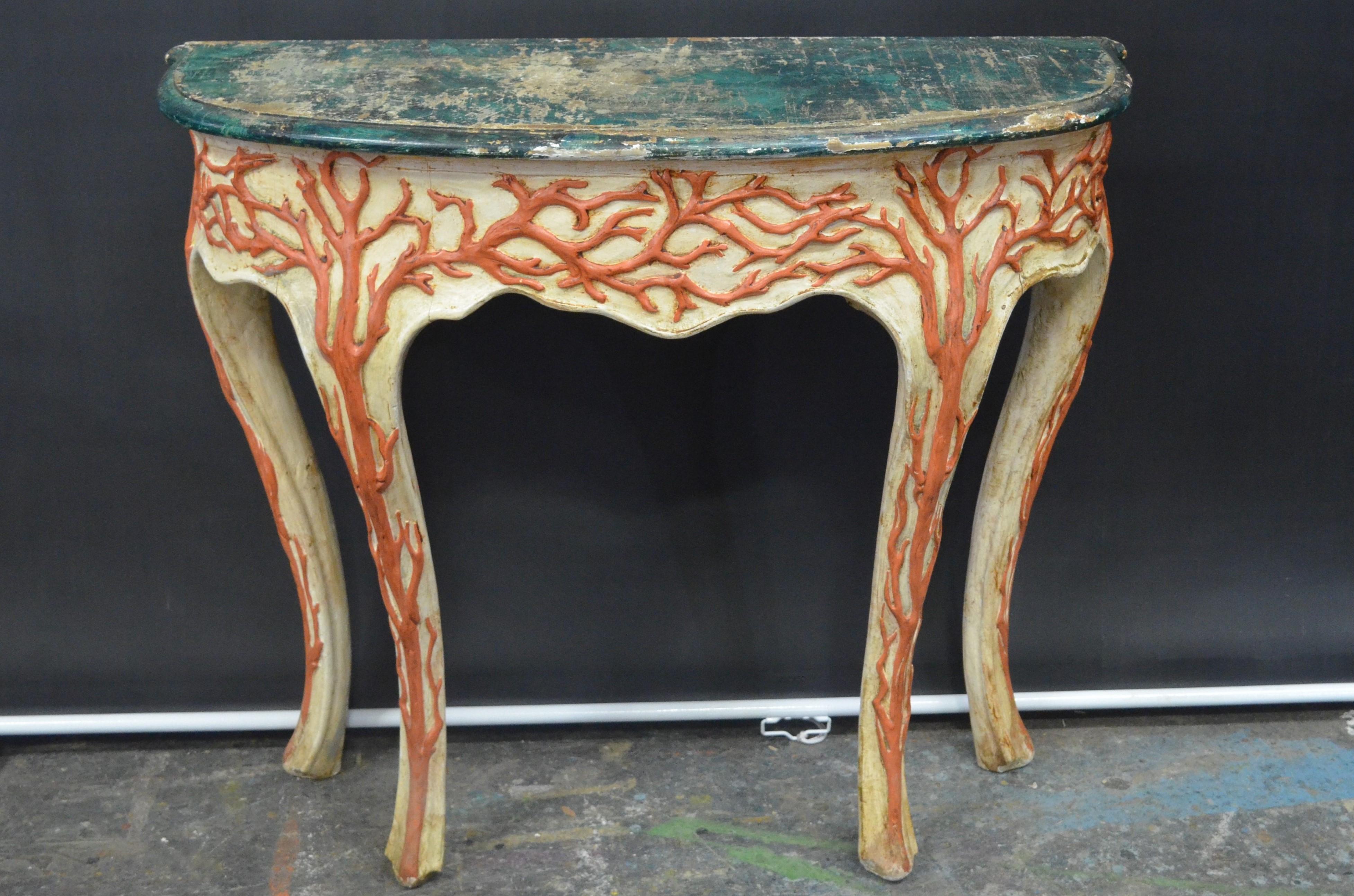 This Rare Italian Cabriole Leg Console With Carved Faux Coral Motifs & Faux Marble Top Stamped Palladio on back.