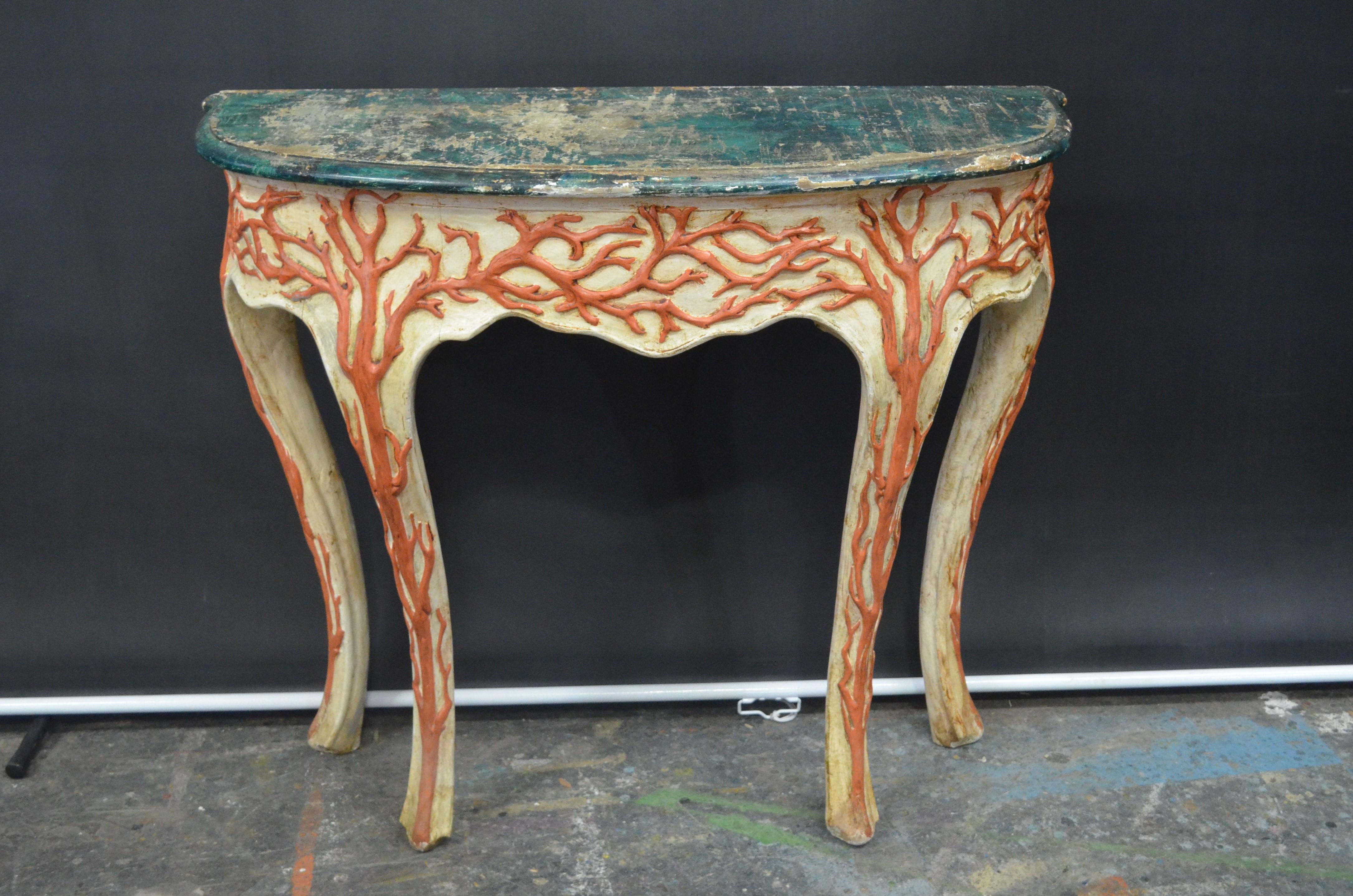 Wood Italian Cabriole Leg Console with Carved Faux Coral Motifs & Faux Marble Top