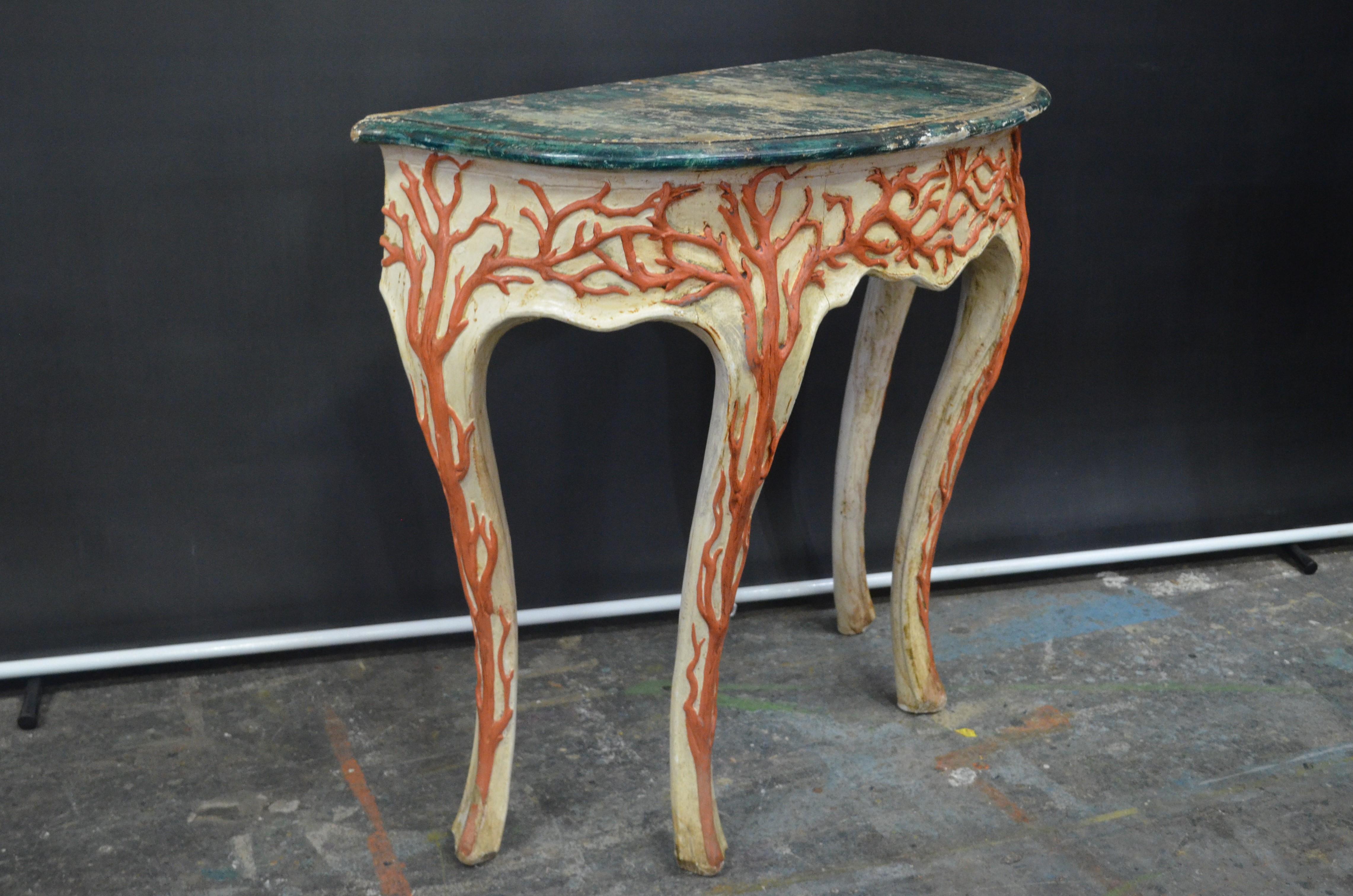 Hollywood Regency Italian Cabriole Leg Console with Carved Faux Coral Motifs & Faux Marble Top