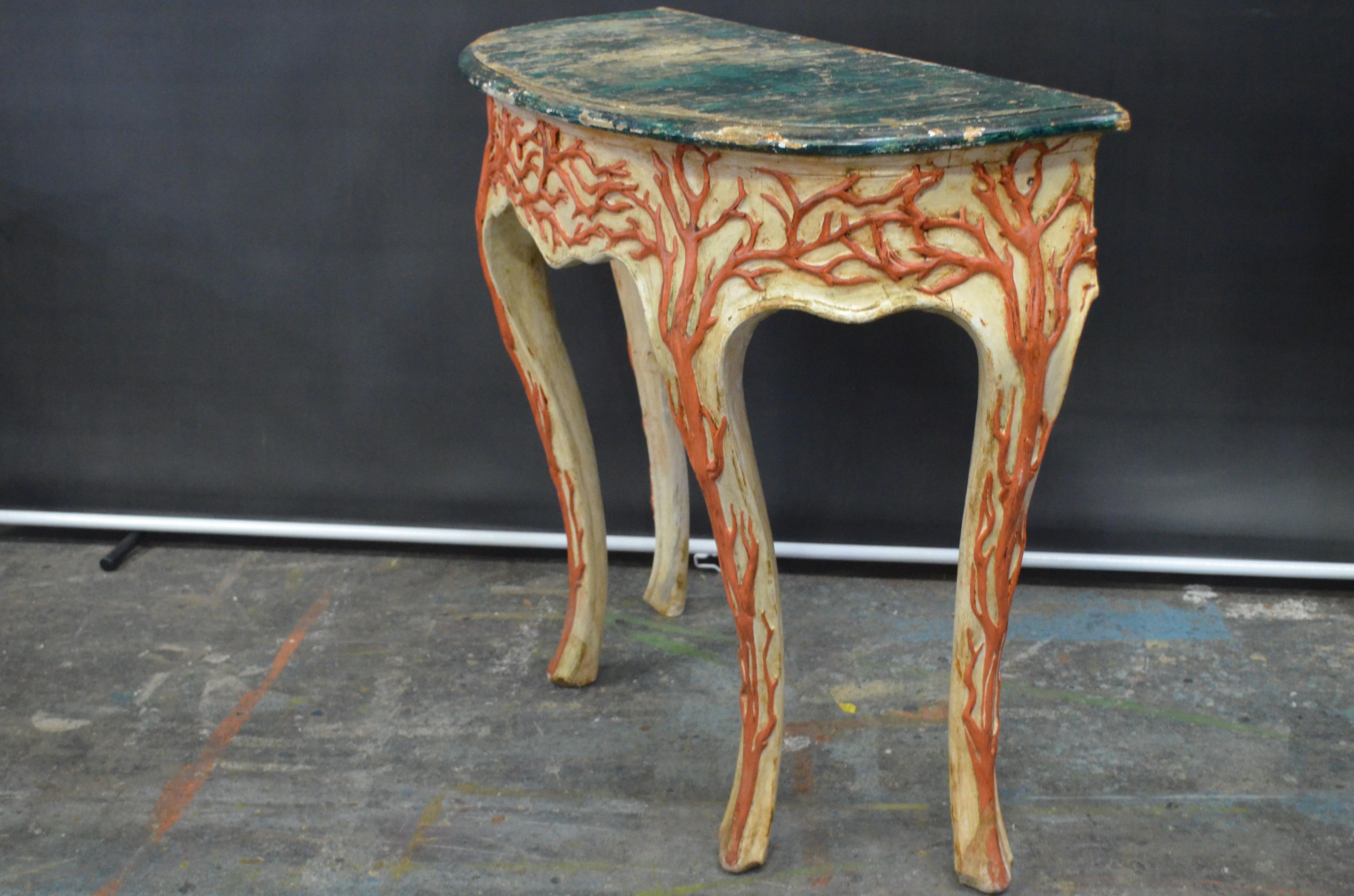 Hand-Carved Italian Cabriole Leg Console with Carved Faux Coral Motifs & Faux Marble Top