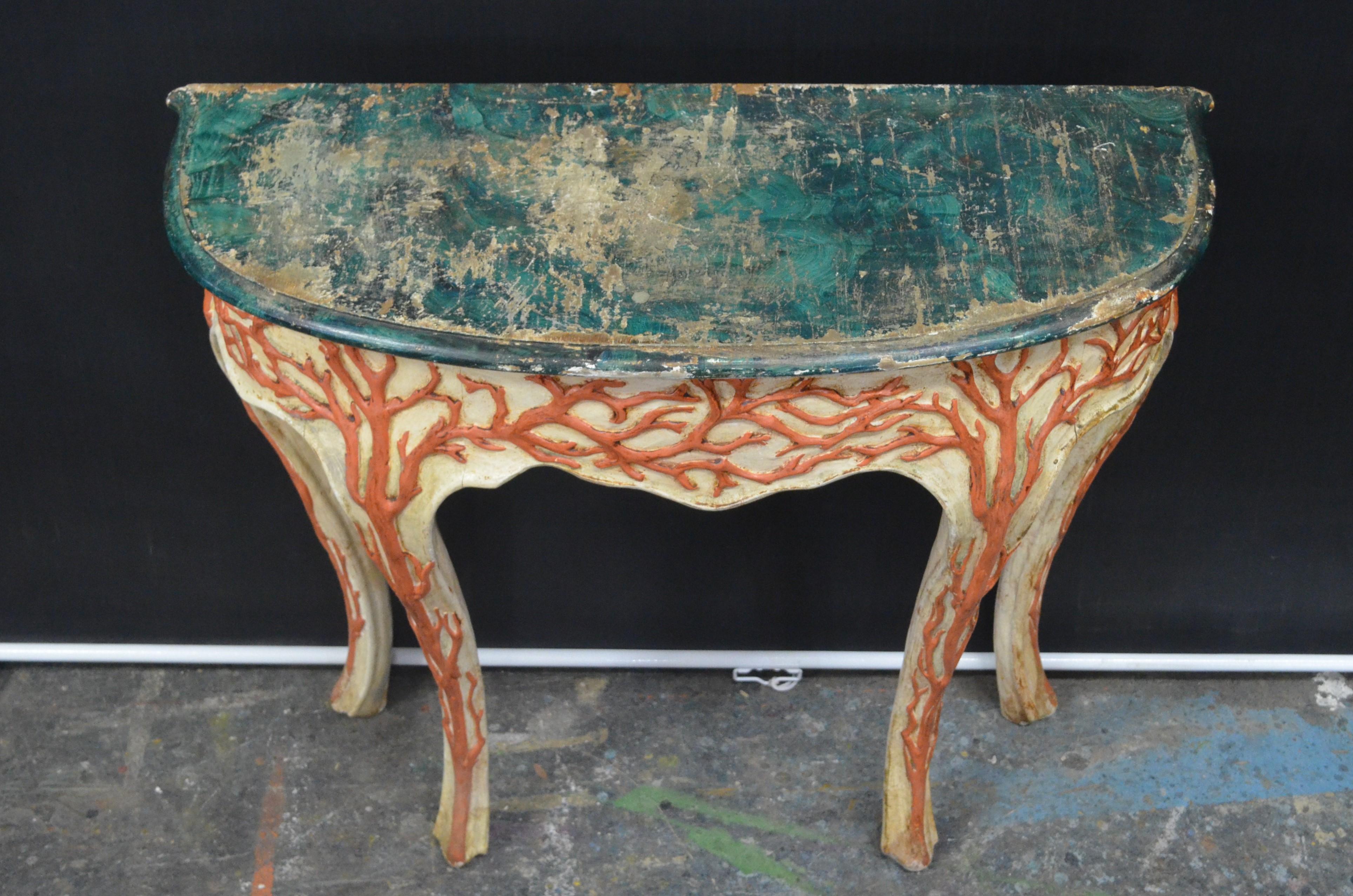 Italian Cabriole Leg Console with Carved Faux Coral Motifs & Faux Marble Top 2