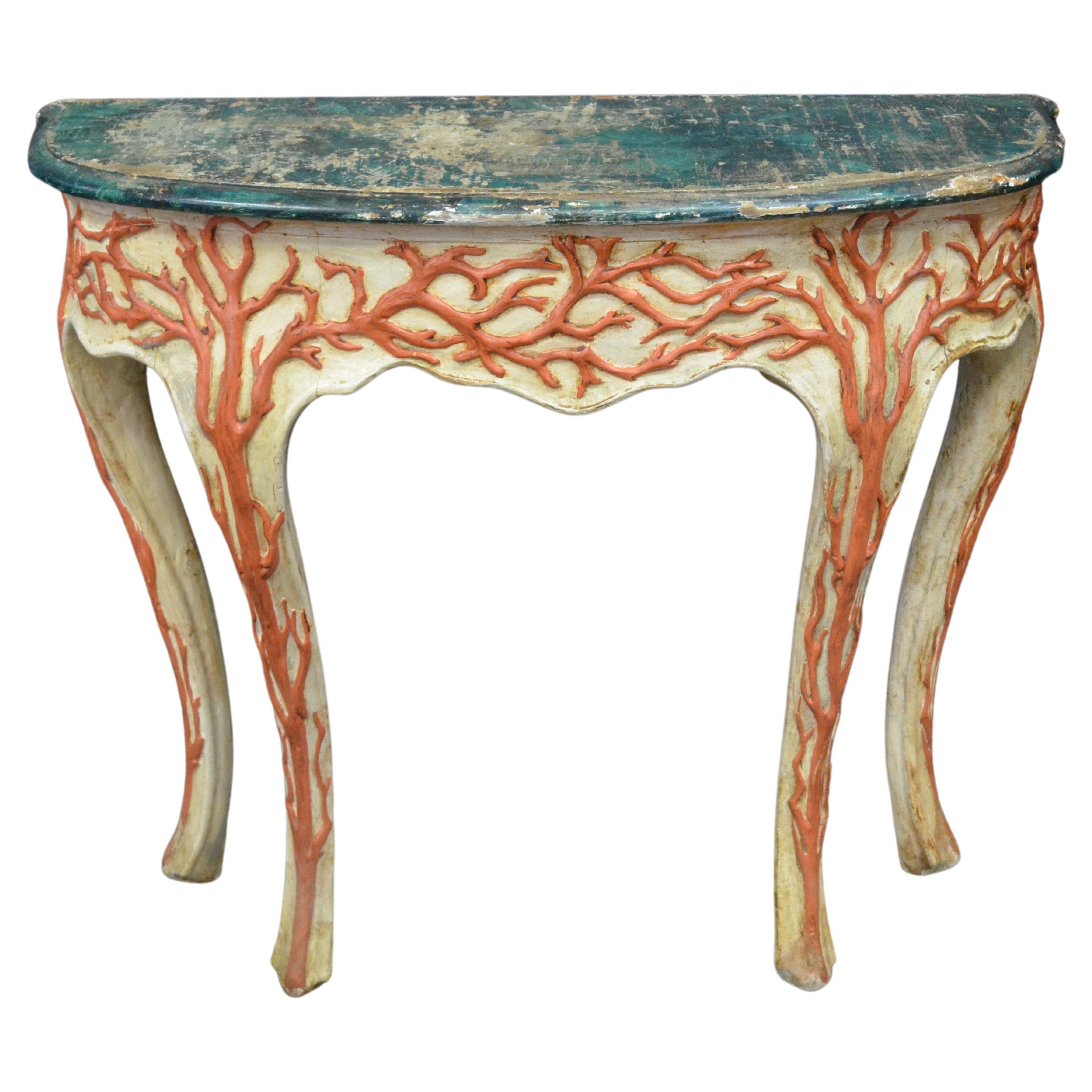 Italian Cabriole Leg Console with Carved Faux Coral Motifs & Faux Marble Top