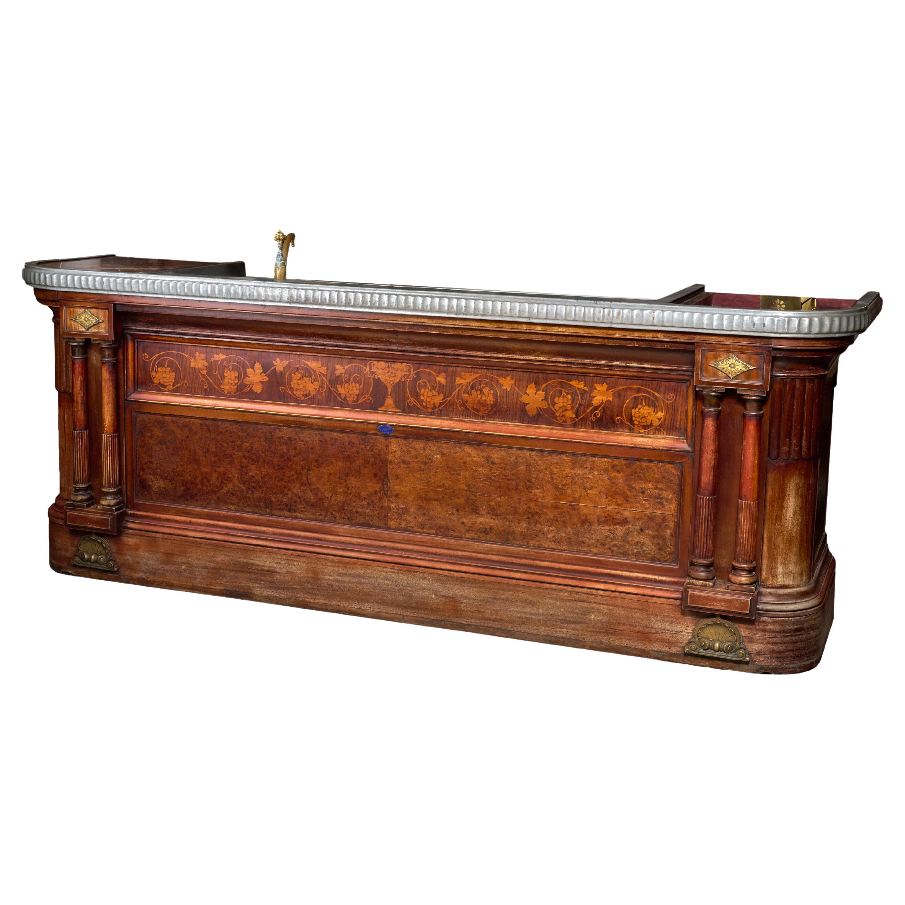 Italian Cafe Bar with Decorative Inlay and German Silver Top For Sale