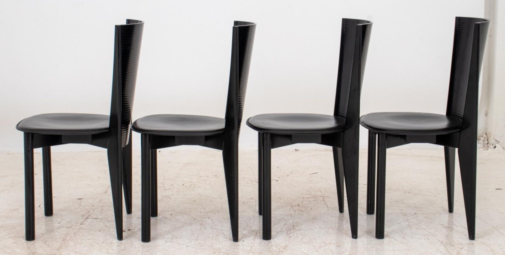 Set of four Italian Post-Modern Calligaris black lacquered and leather dining chairs. Measures: 34.25