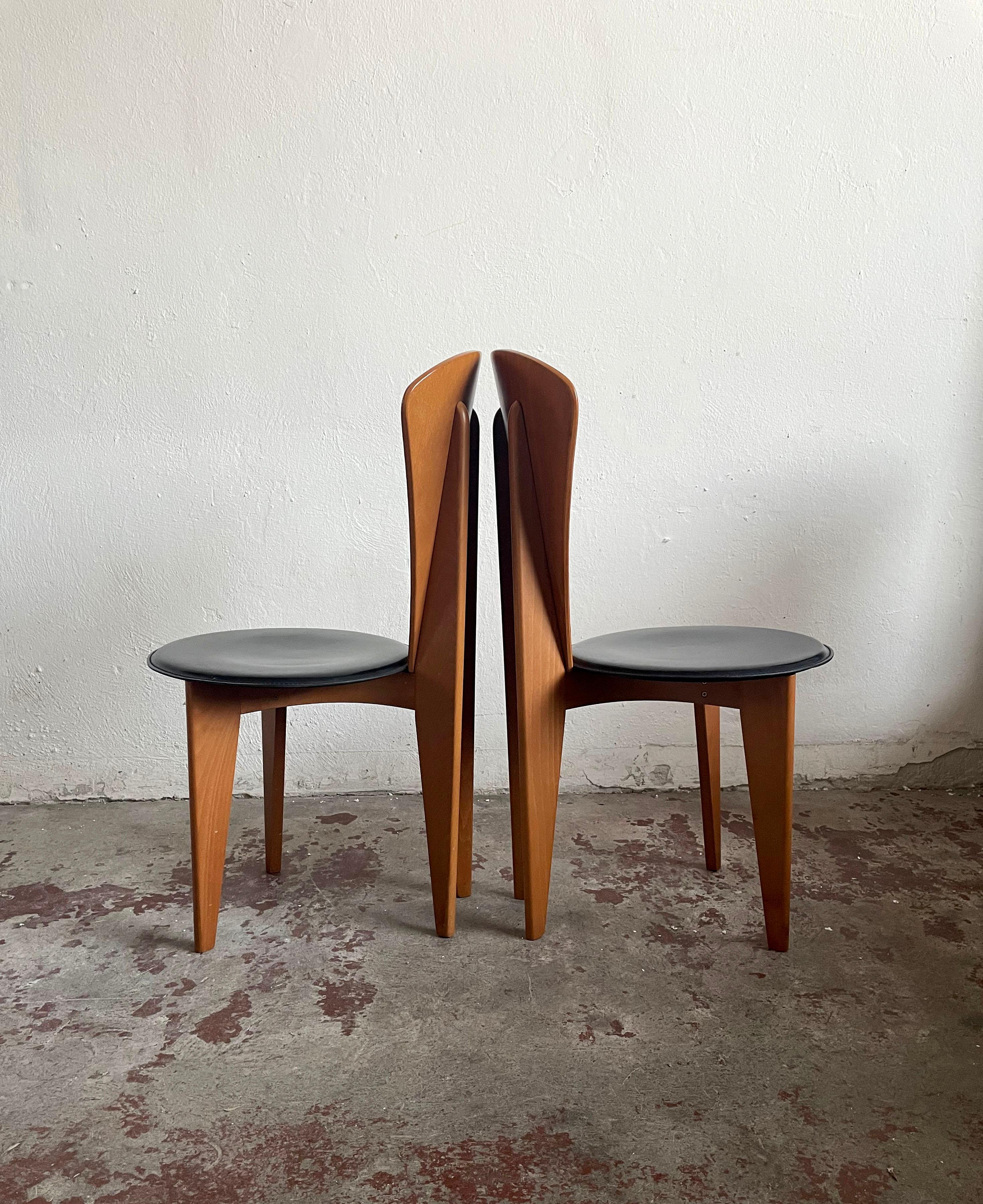Italian Calligaris Postmodern Dining Chairs, 1980s, Leather and Wood, Set of 2 5