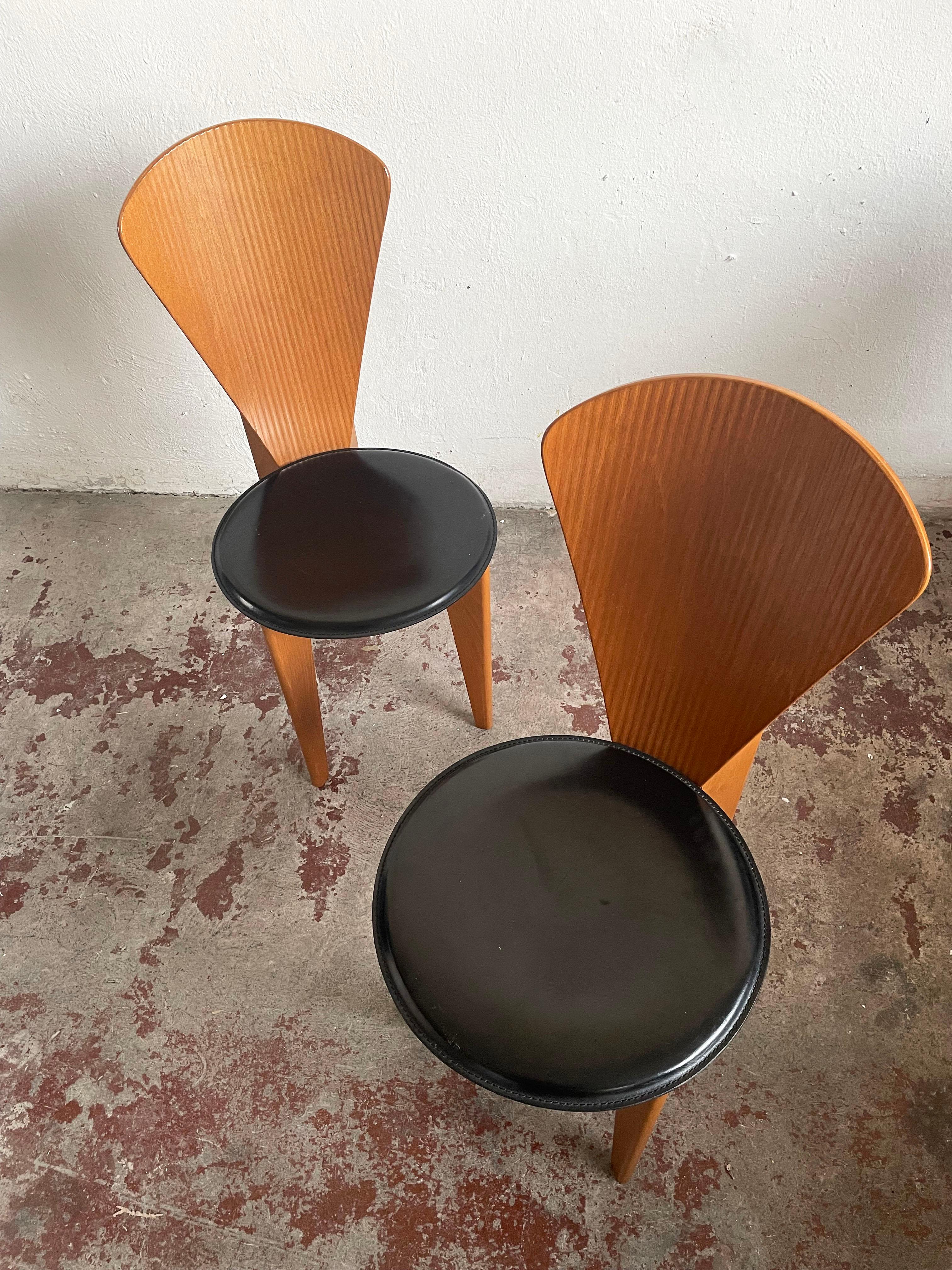 Italian Calligaris Postmodern Dining Chairs, 1980s, Leather and Wood, Set of 2 9