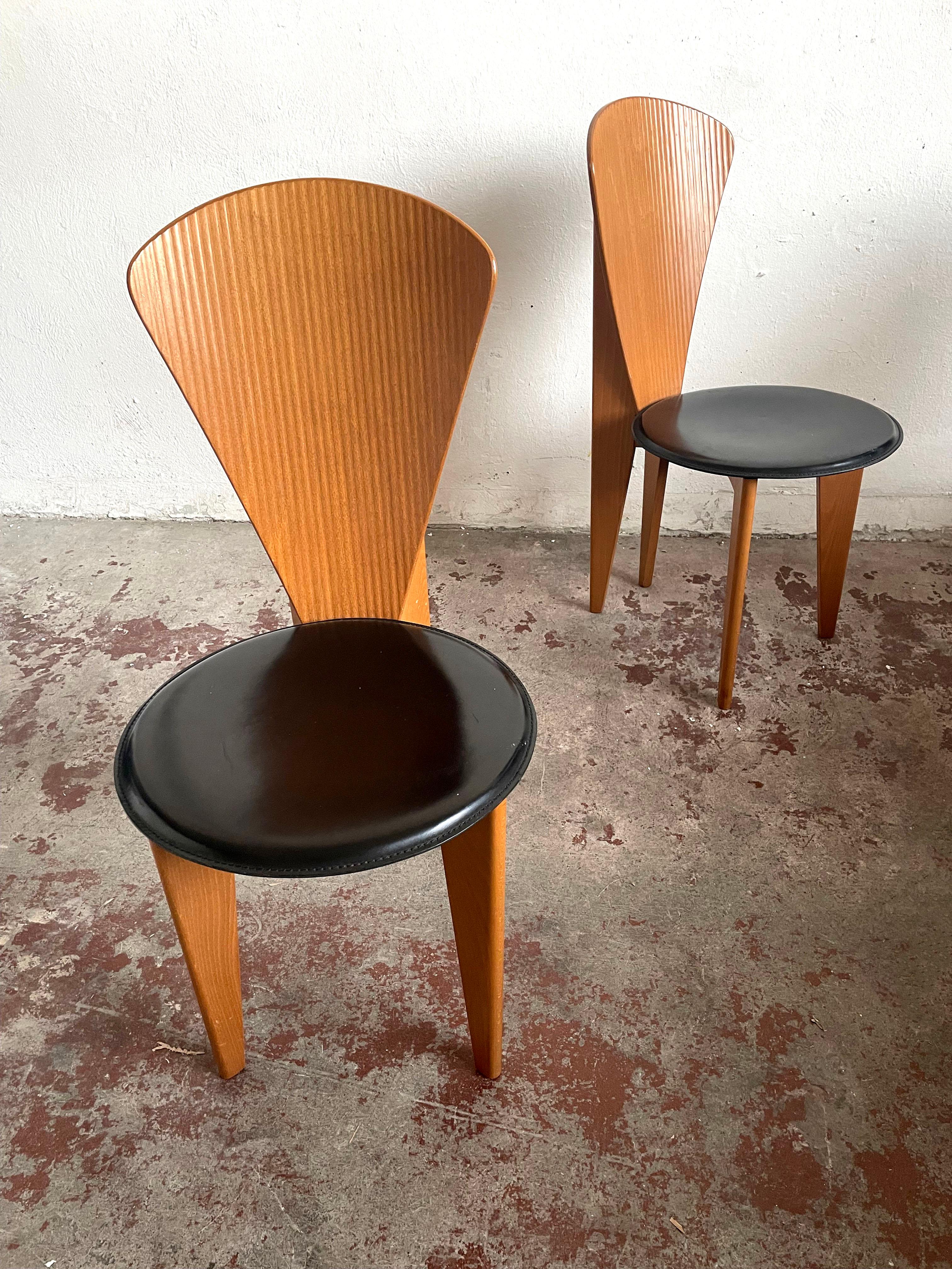 Italian Calligaris Postmodern Dining Chairs, 1980s, Leather and Wood, Set of 2 10
