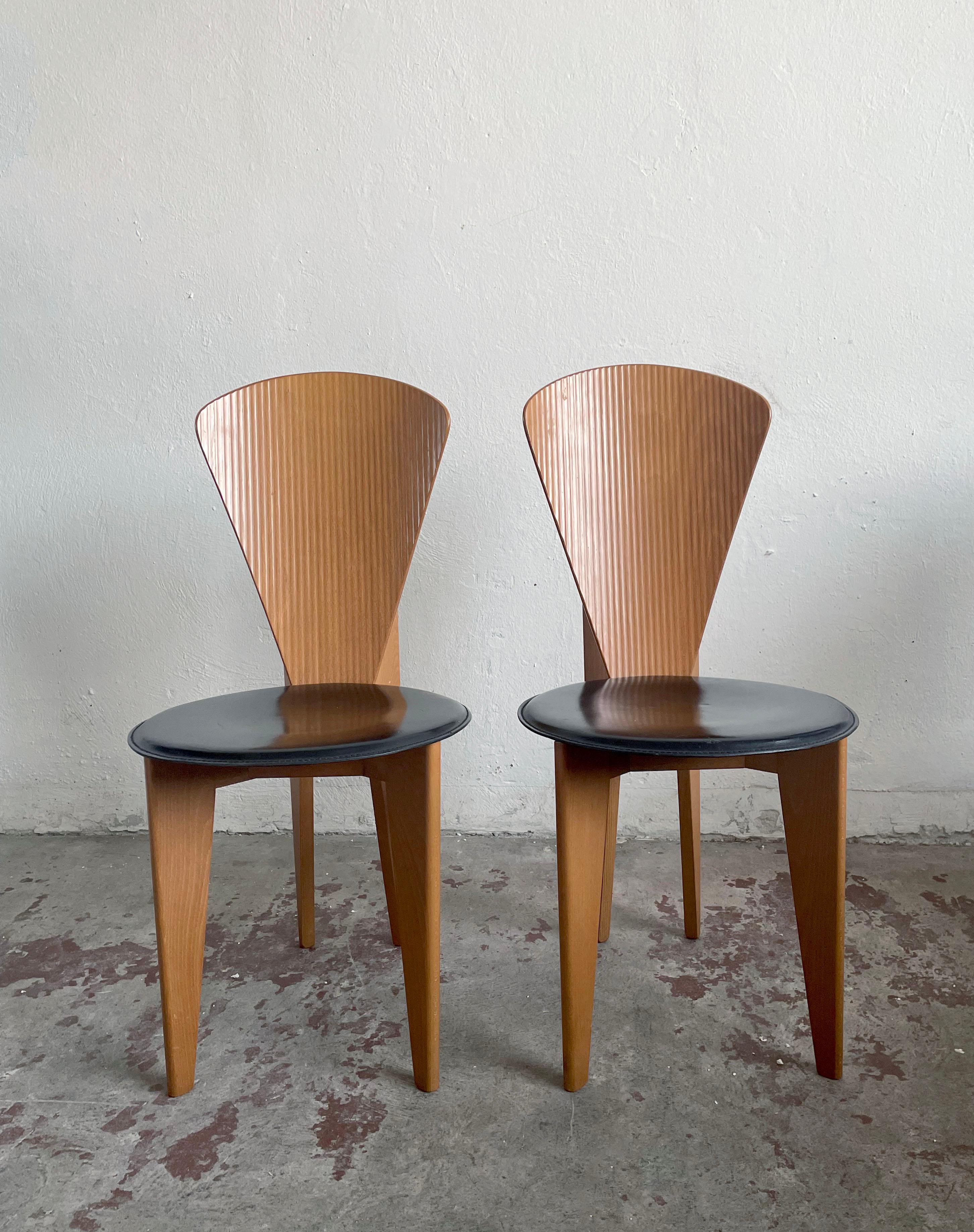 Post-Modern Italian Calligaris Postmodern Dining Chairs, 1980s, Leather and Wood, Set of 2