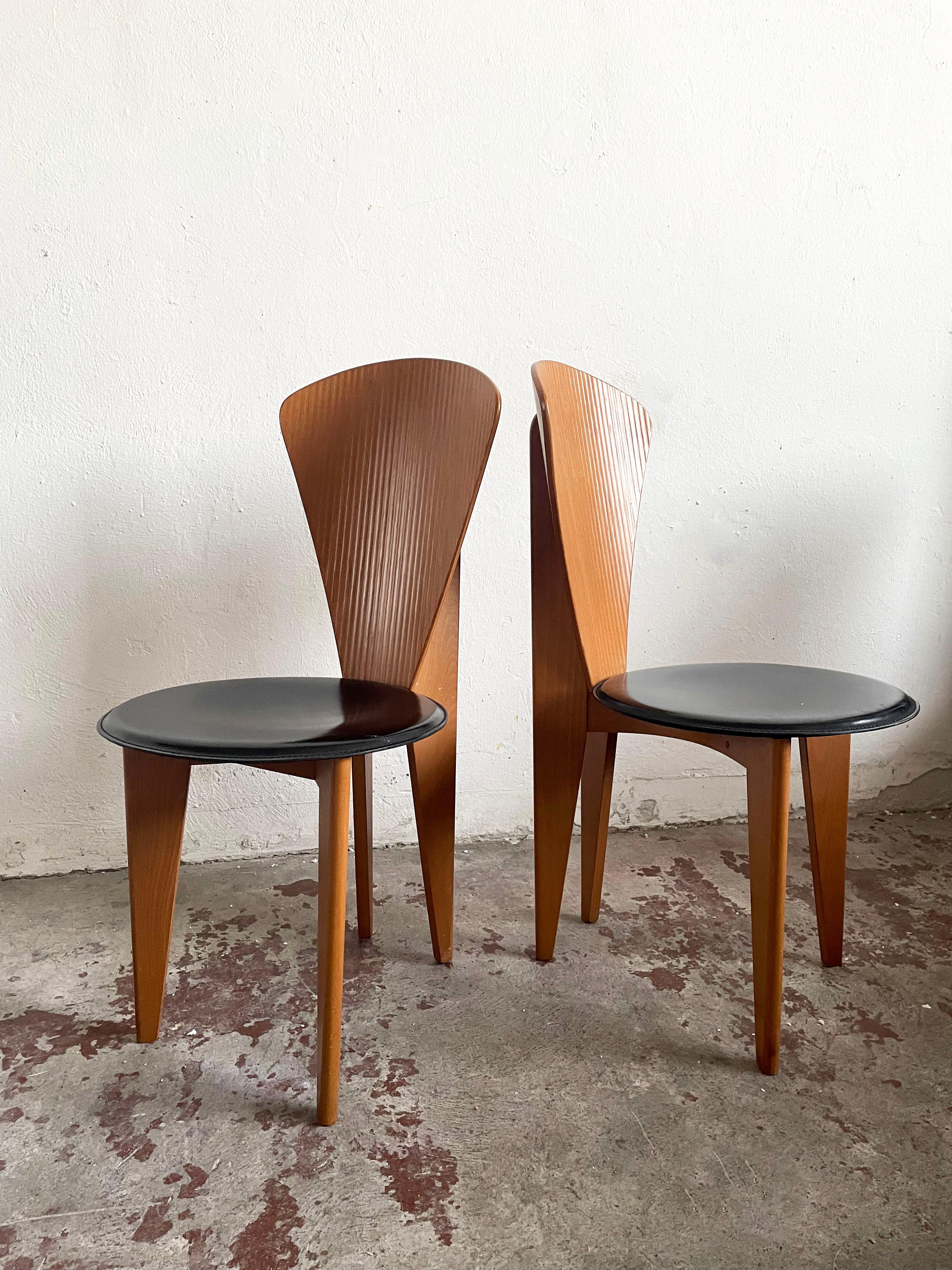 Italian Calligaris Postmodern Dining Chairs, 1980s, Leather and Wood, Set of 2 2