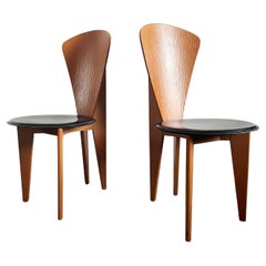 Italian Calligaris Postmodern Dining Chairs, 1980s, Leather and Wood, Set of 2