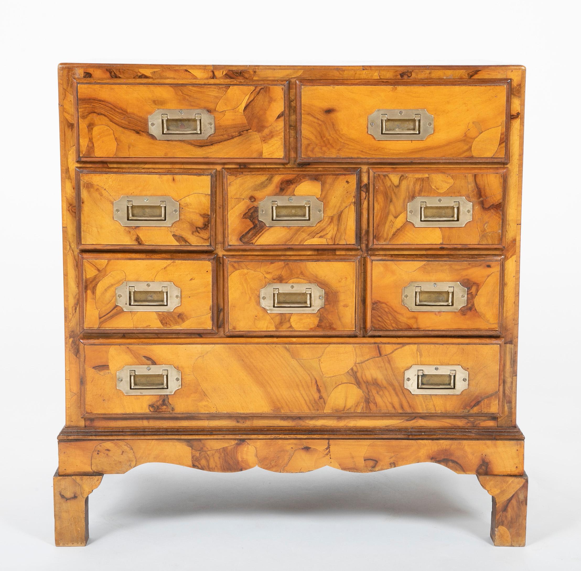 Brass Italian Campaign Chest of Drawers with Olive Wood Veneer, Mid-20th Century For Sale
