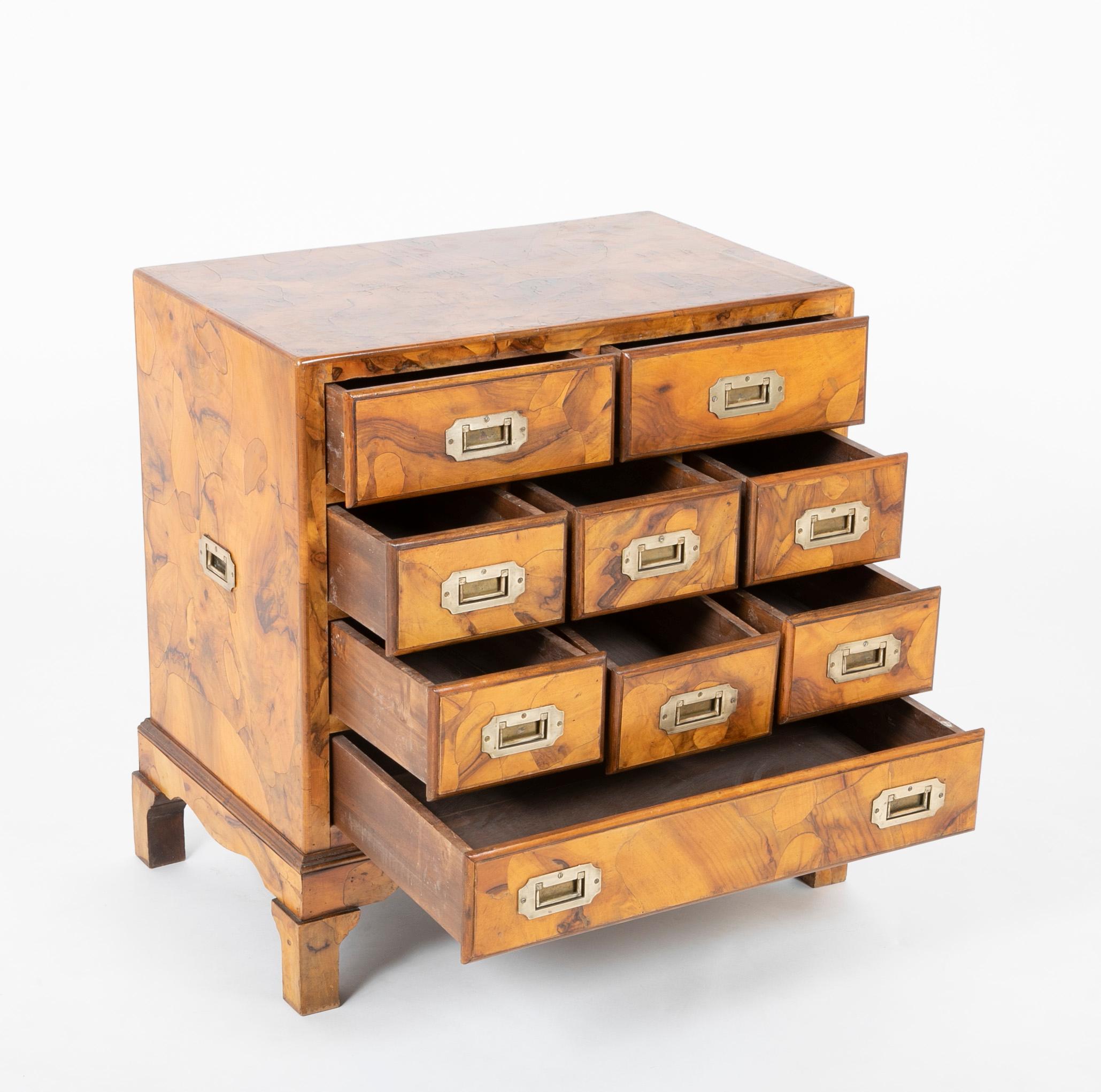Italian Campaign Chest of Drawers with Olive Wood Veneer, Mid-20th Century For Sale 3