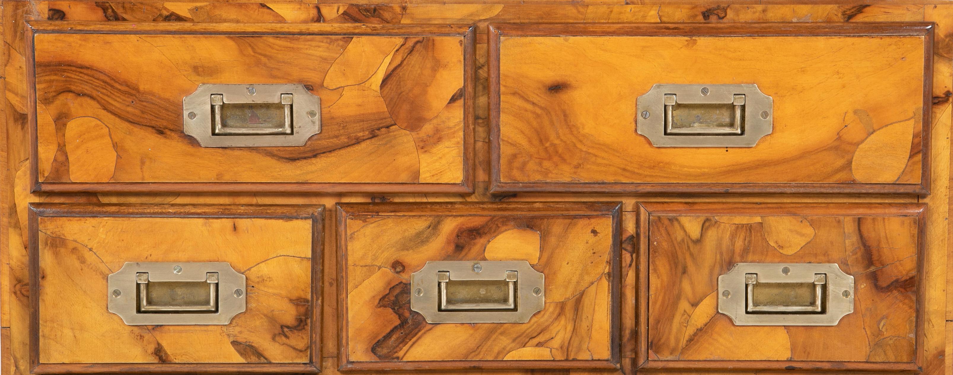 Italian Campaign Chest of Drawers with Olive Wood Veneer, Mid-20th Century For Sale 4