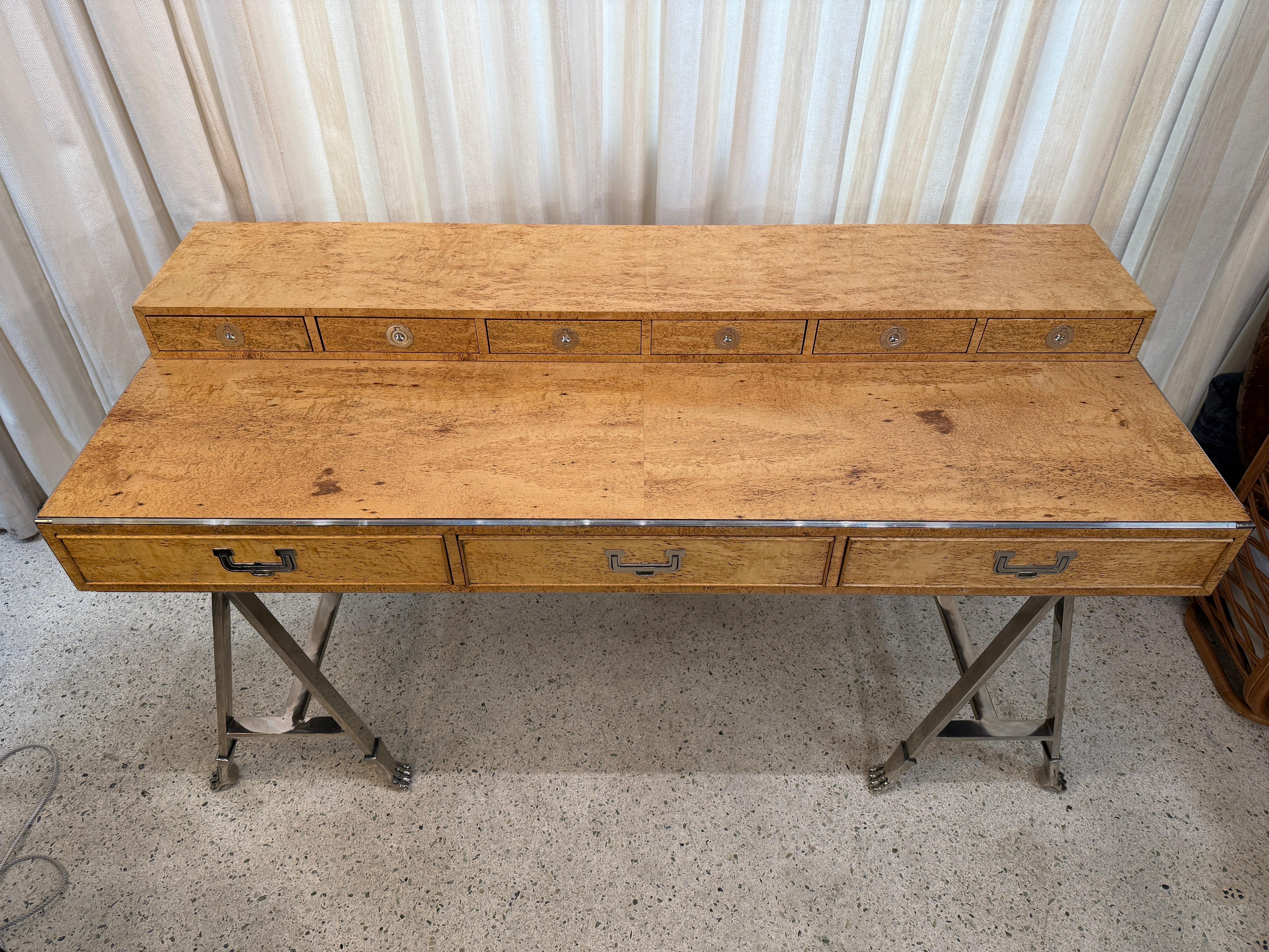 Italian Campaign Style Burlwood Desk on Steel Sawhorse Bases For Sale 5