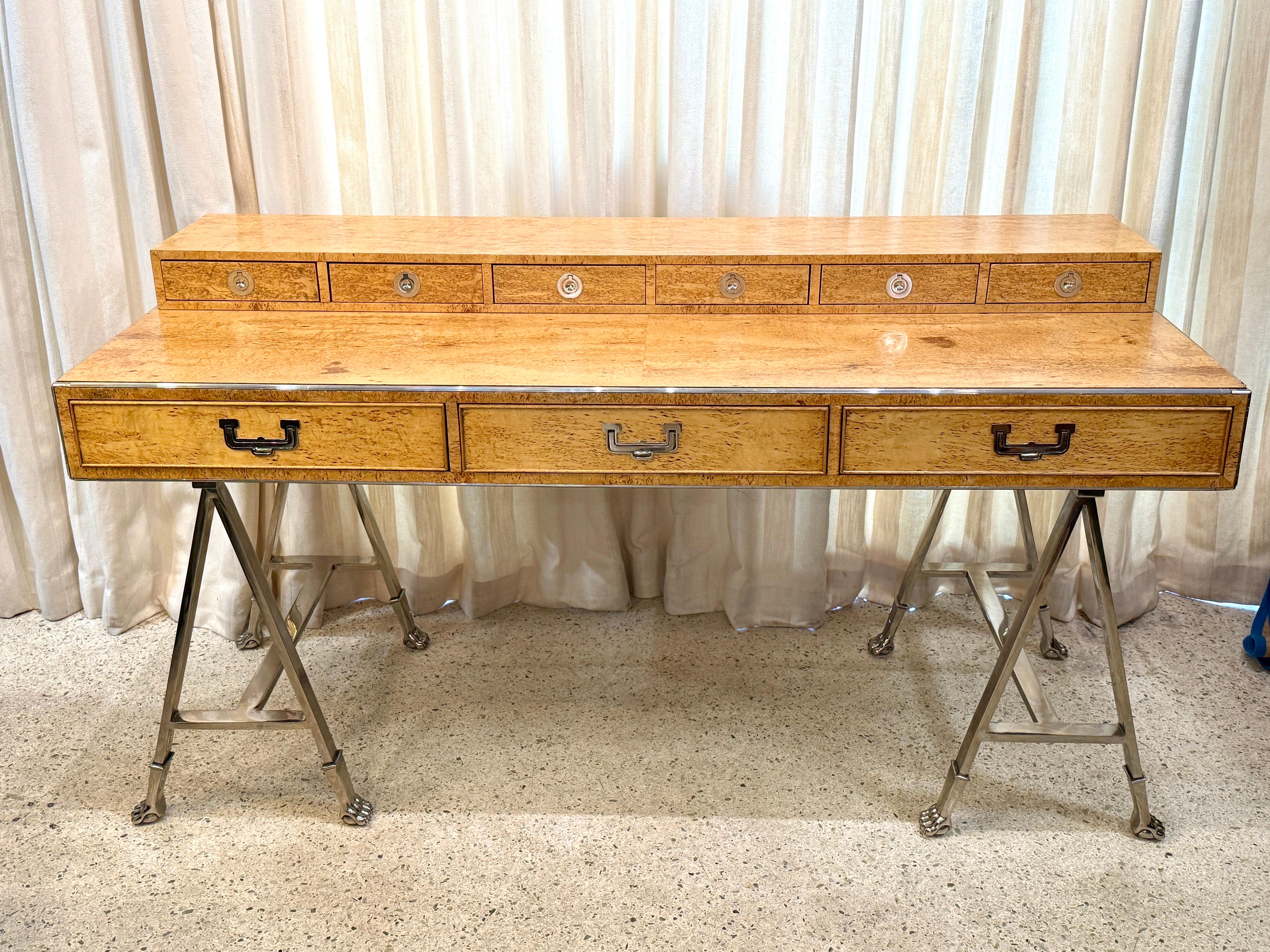Italian Campaign Style Burlwood Desk on Steel Sawhorse Bases For Sale 6